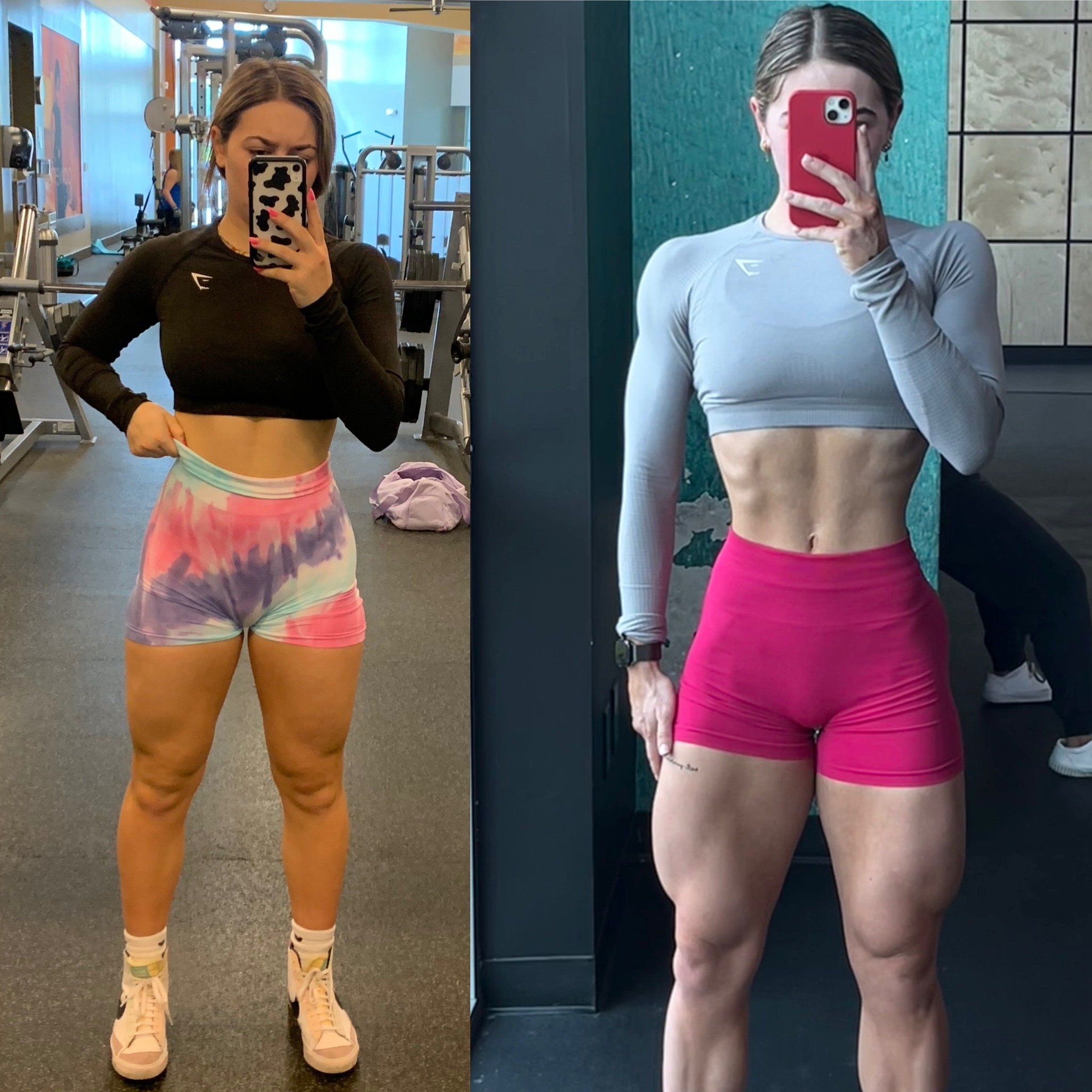 Side-by-side selfie photos of two women in workout attire taking photos with their phones in gym and mirror, showing athletic builds.
