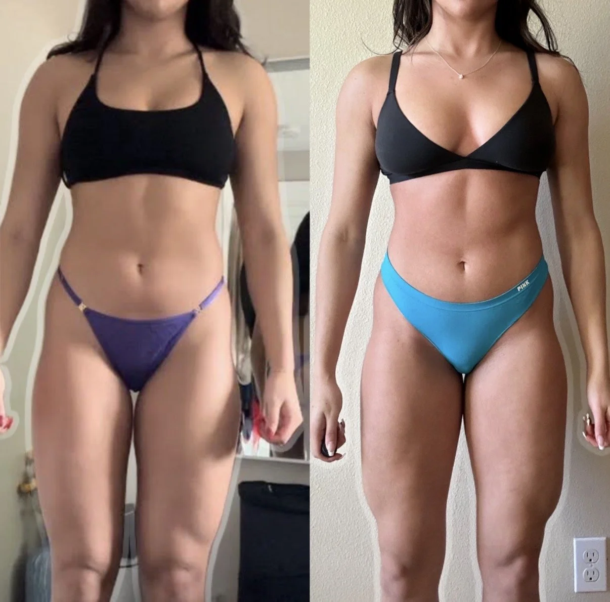 Comparison photo showing a woman's body before and after fitness transformation, with different swimsuits in each image.