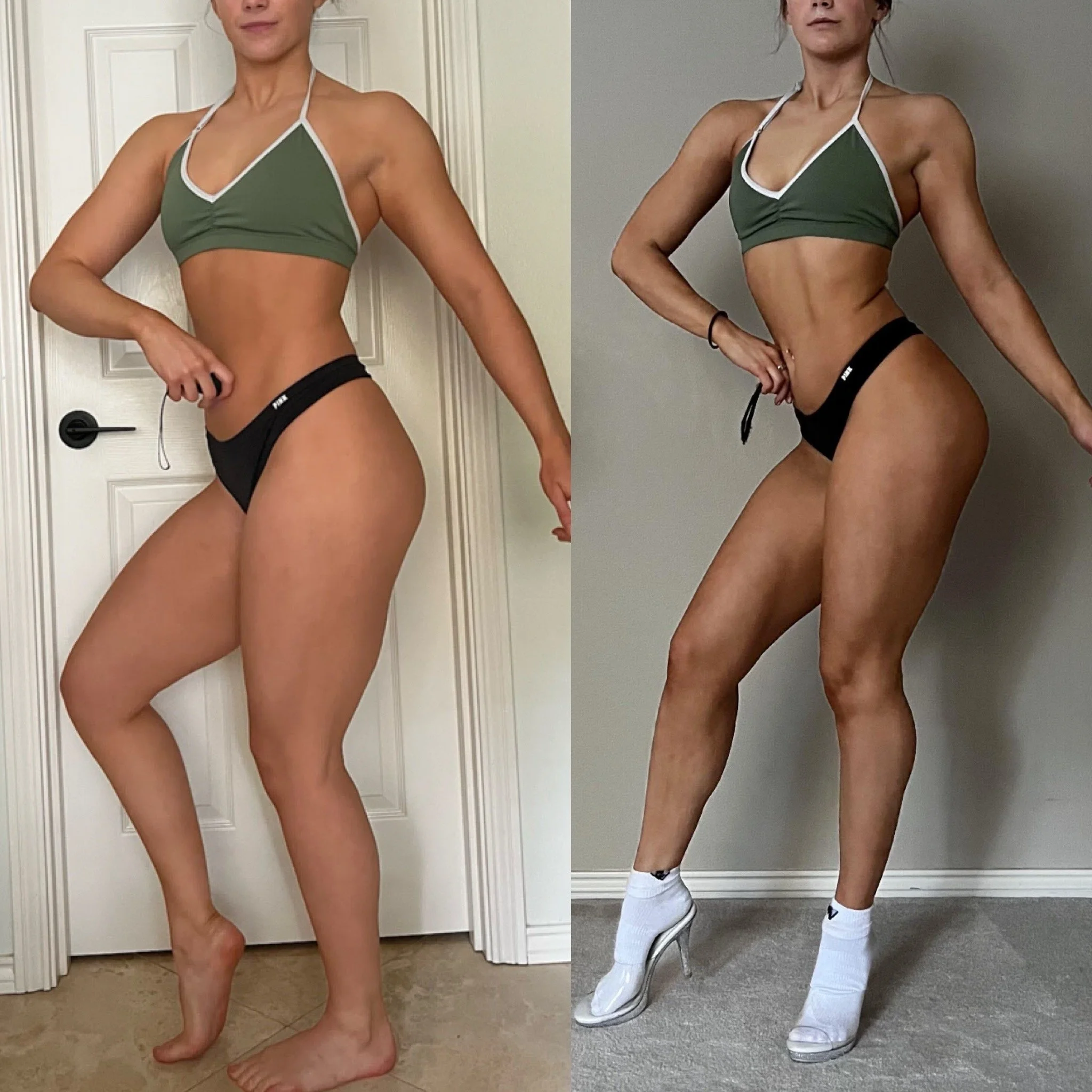 Side-by-side photos of a woman in a green sports bra and black underwear, with no shoes. The left photo shows her standing in front of a white door, while the right photo shows her standing in front of a gray wall, wearing white socks and white sneak