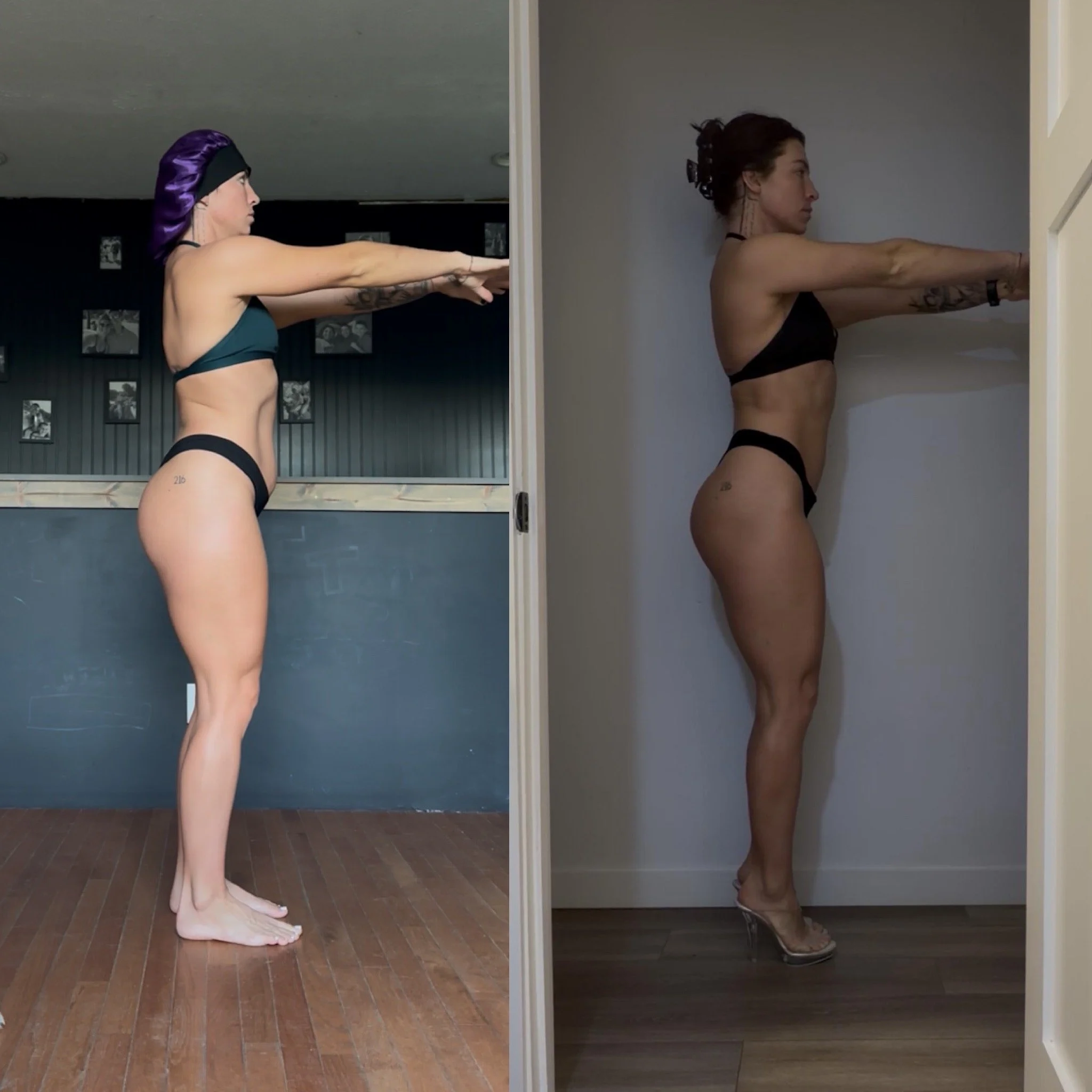 A side view of a woman with tattoos wearing black underwear and a satin purple durag, stretching her arms forward while standing on a hardwood floor. The image is split into two sections: the left shows a dark room with framed photos on the wall; the