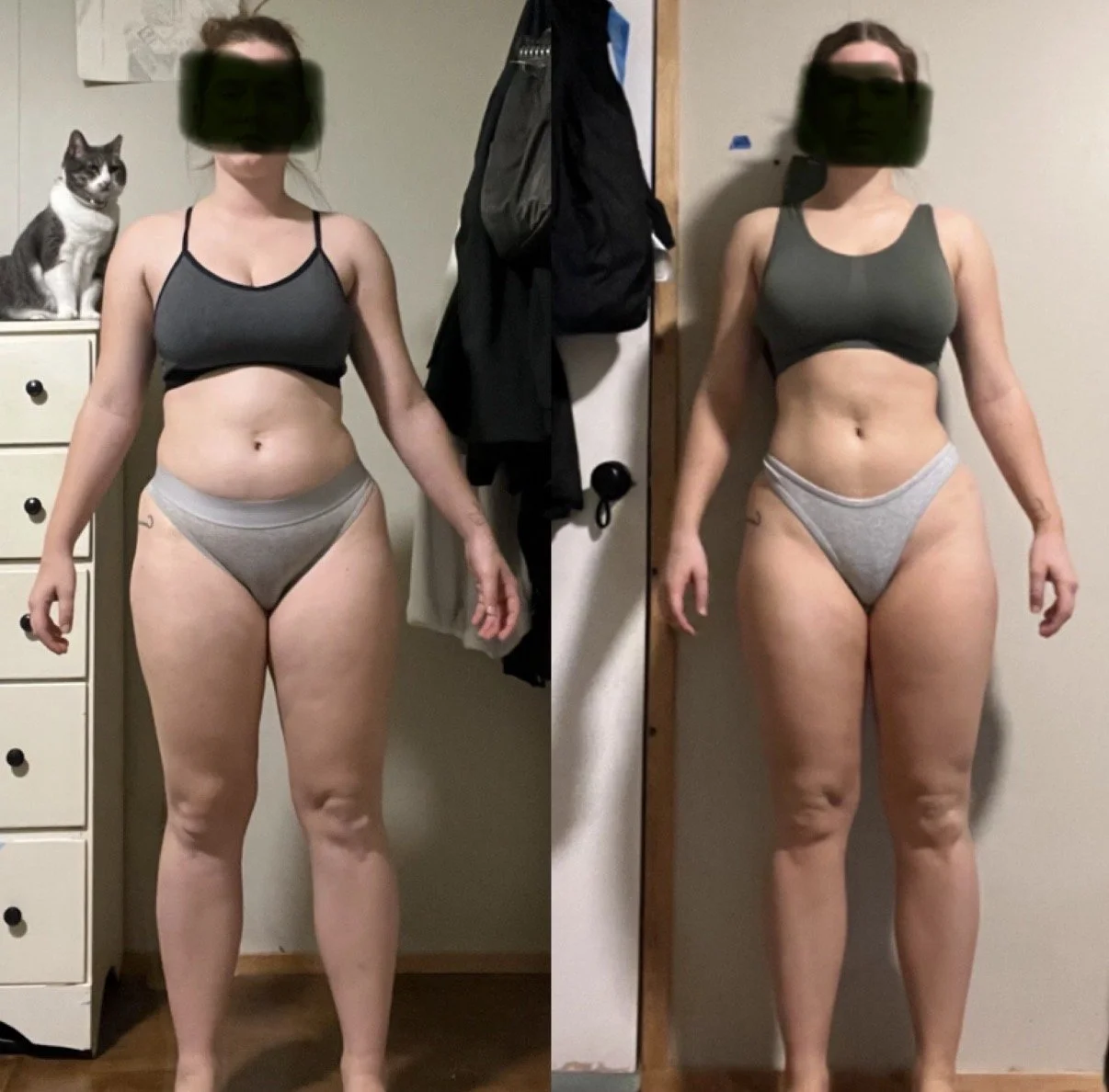 Side-by-side comparison of a woman before and after weight loss, standing in a room with a dresser and a cat on top, blurred face, wearing sports bras and shorts.