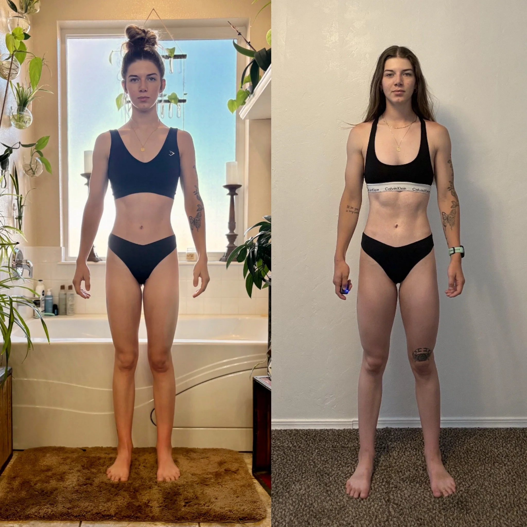 Comparison photo of the same young woman in different settings; on the left, standing in a bathroom with potted plants, wearing a black sports bra and black underwear, and on the right, standing against a plain wall in a different room, wearing the s