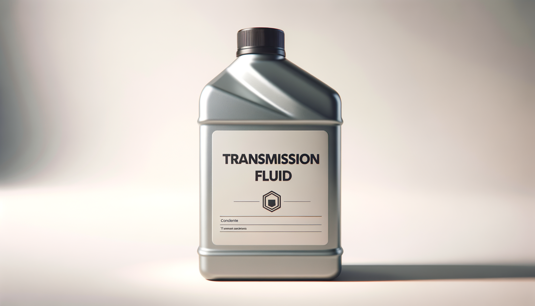 A silver bottle labeled "Transmission Fluid" with a black screw-on cap, standing on a surface with a plain, gradient background.