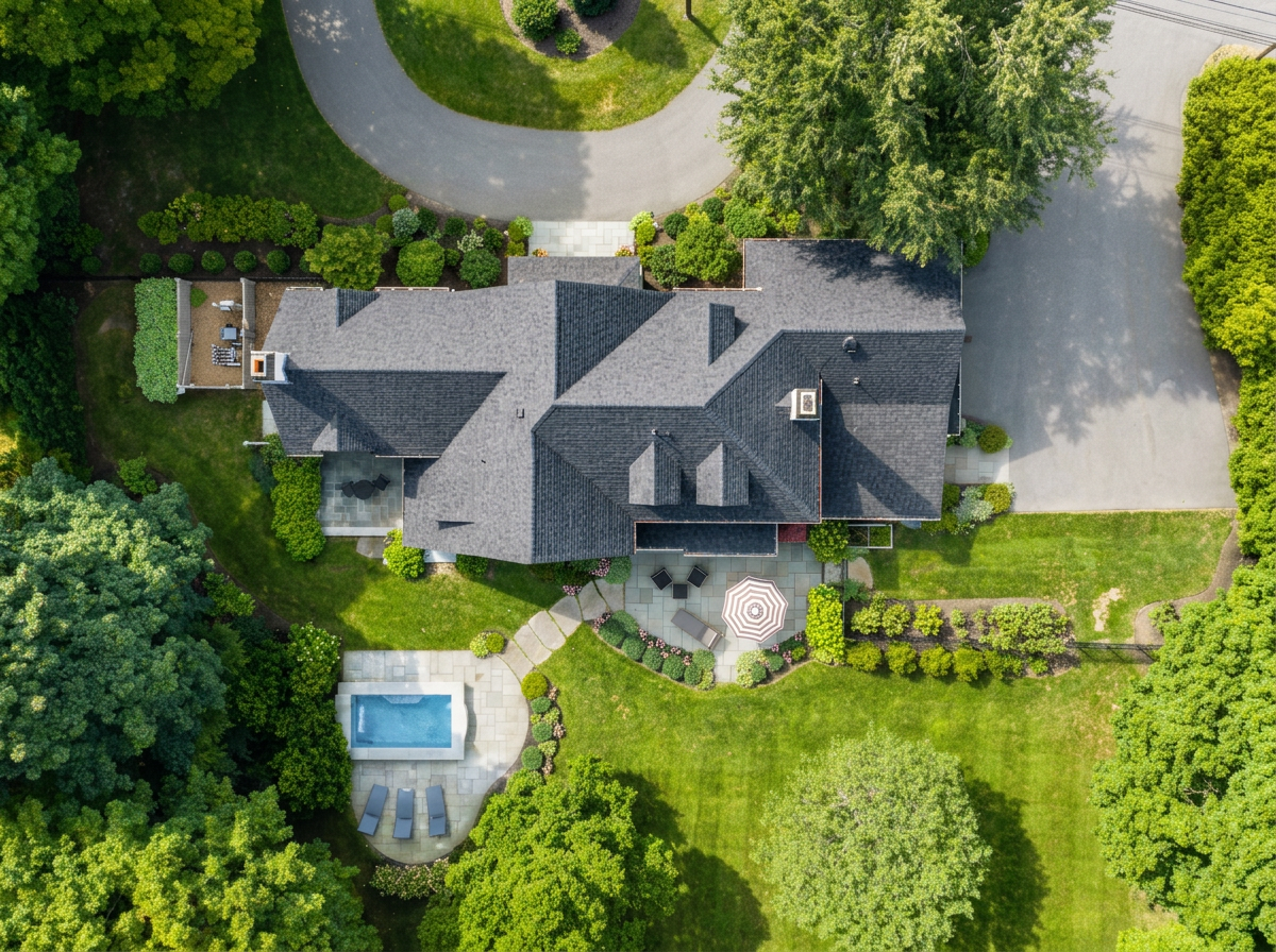 Aerial view of a large house with a gray roof, surrounded by green trees, a lawn, a patio with an umbrella and outdoor furniture, and a swimming pool in the backyard.