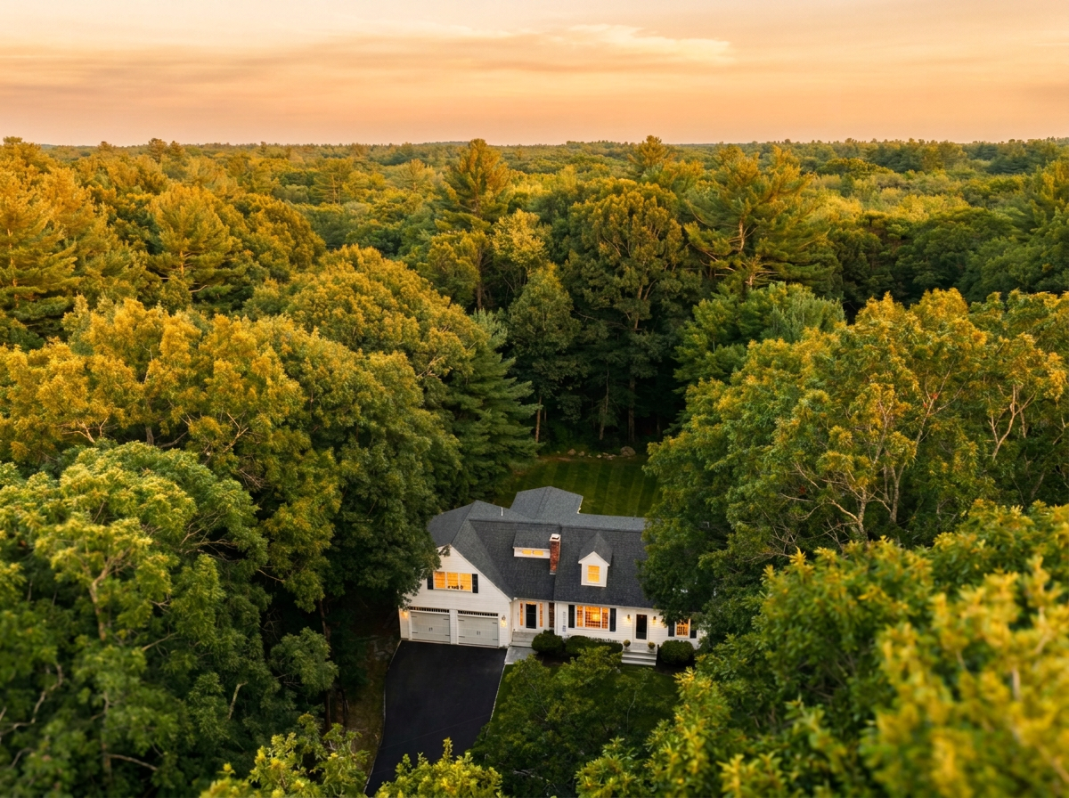 An aerial view of a white house with a dark roof surrounded by dense green trees during sunset.