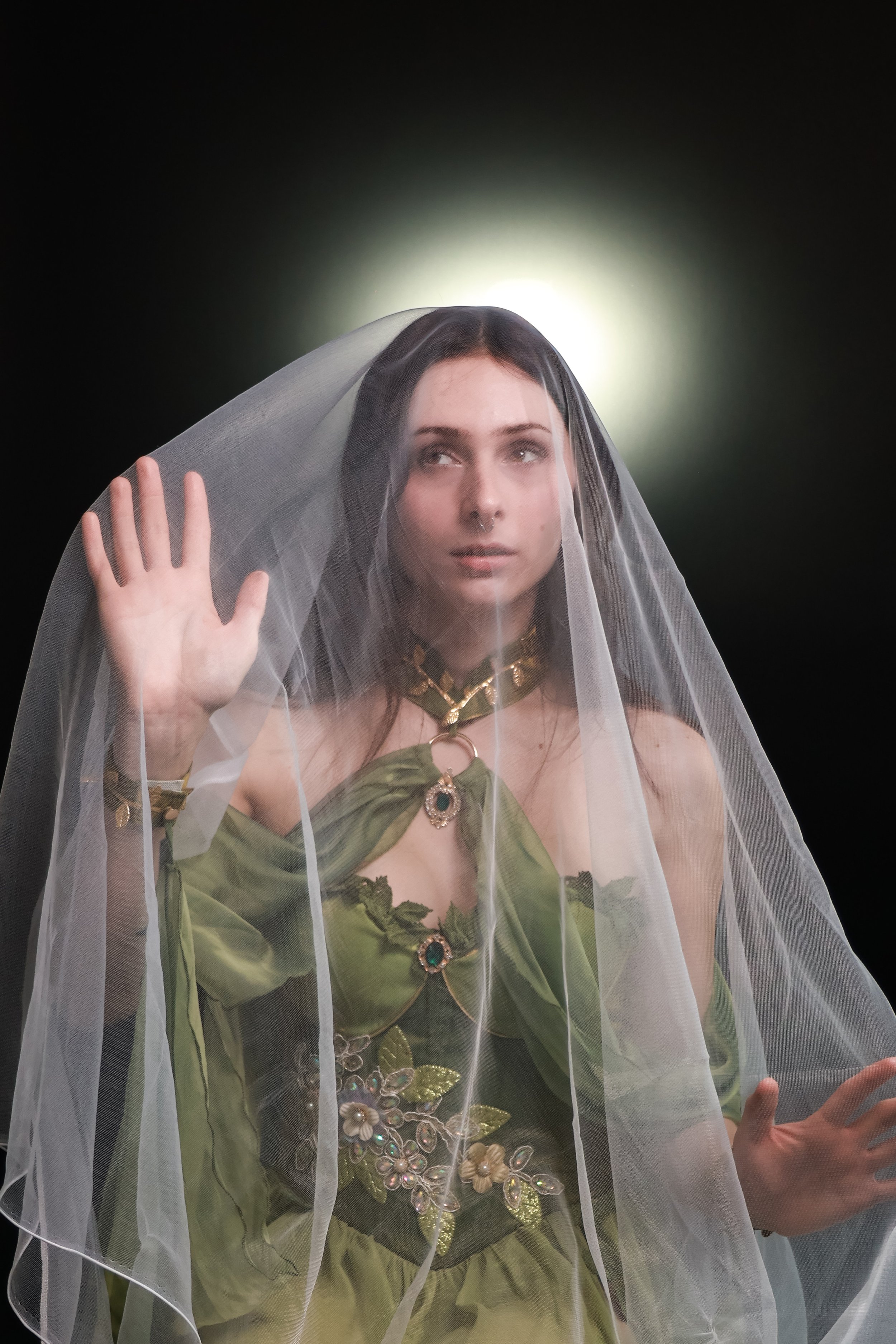 A woman with dark hair and makeup, wearing a green dress with floral and jewel embellishments. She has a sheer veil over her head and is touching it with her left hand. The background is black with a halo behind her head.