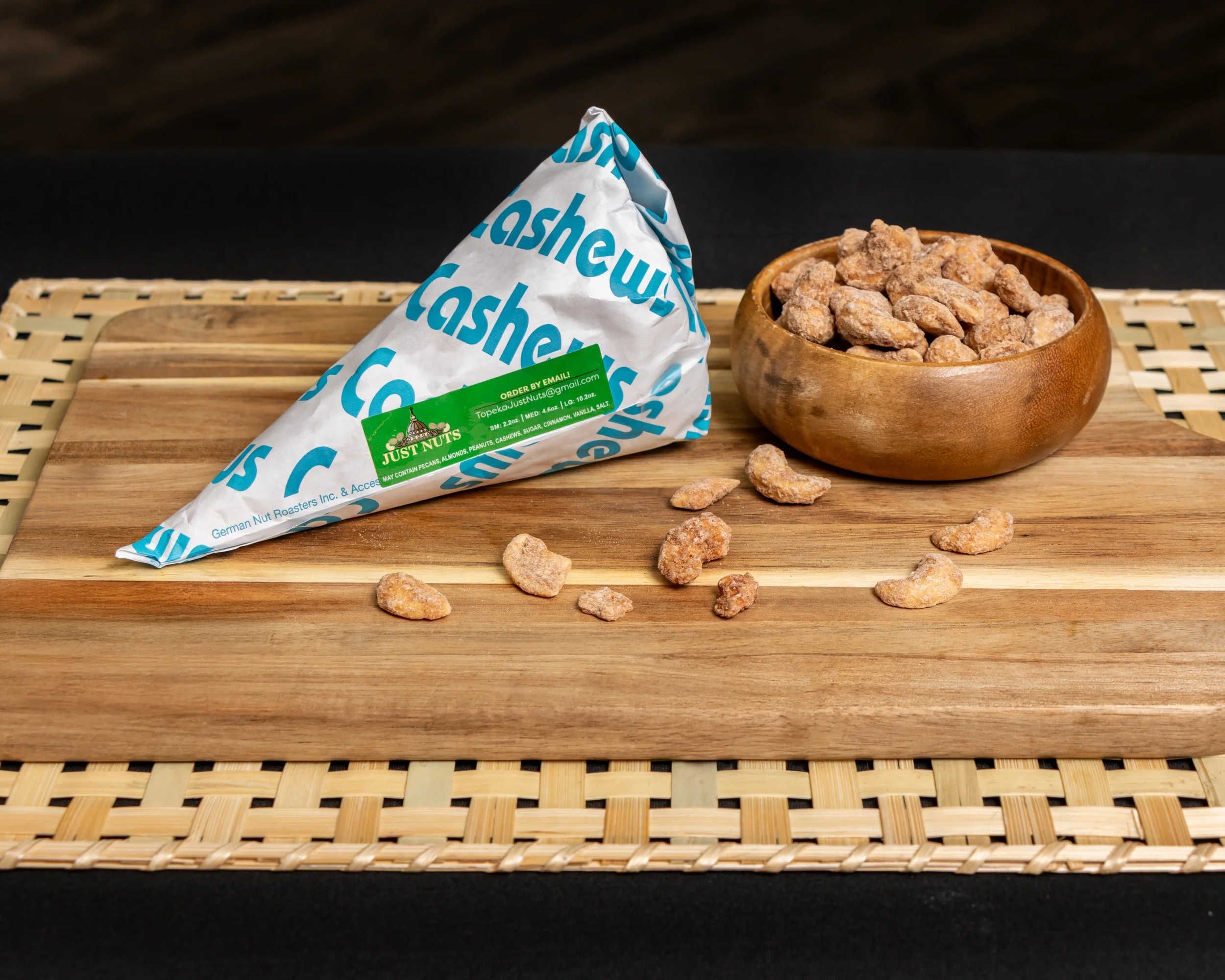 Cinnamon Roasted Cashews
Sm: 2.2 oz
Md: 4.6 oz
Lg: 10.2 oz