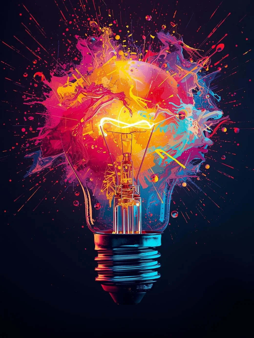 Colorful abstract digital art of a light bulb with vibrant splashes of pink, yellow, blue, and purple, resembling an explosion of creative energy.