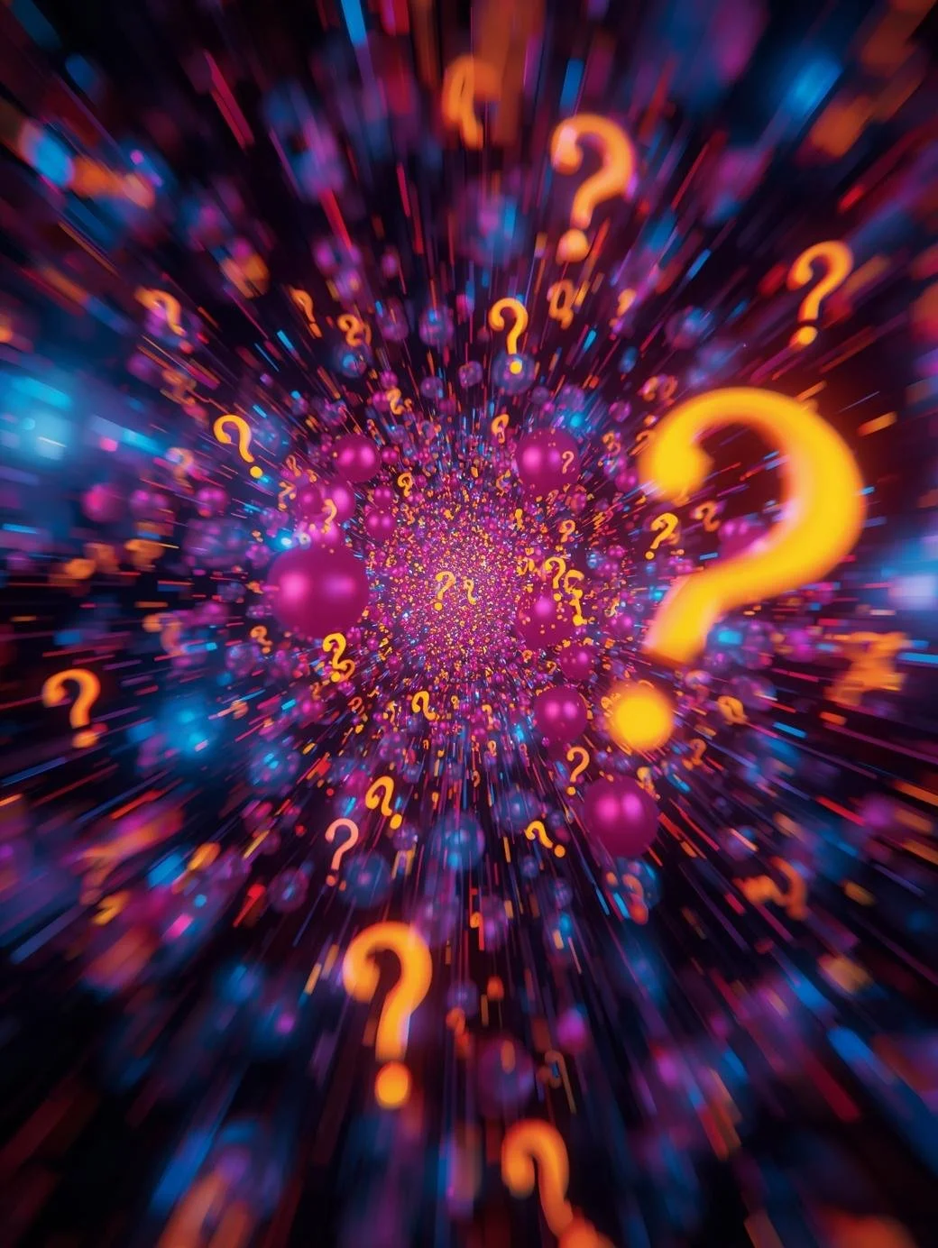 Abstract digital image with glowing neon question marks and particles creating a tunnel or vortex effect.