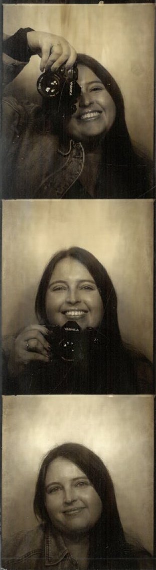 A vertical collage of three black-and-white selfies of a smiling woman with dark hair, taking photos with a camera in each picture.