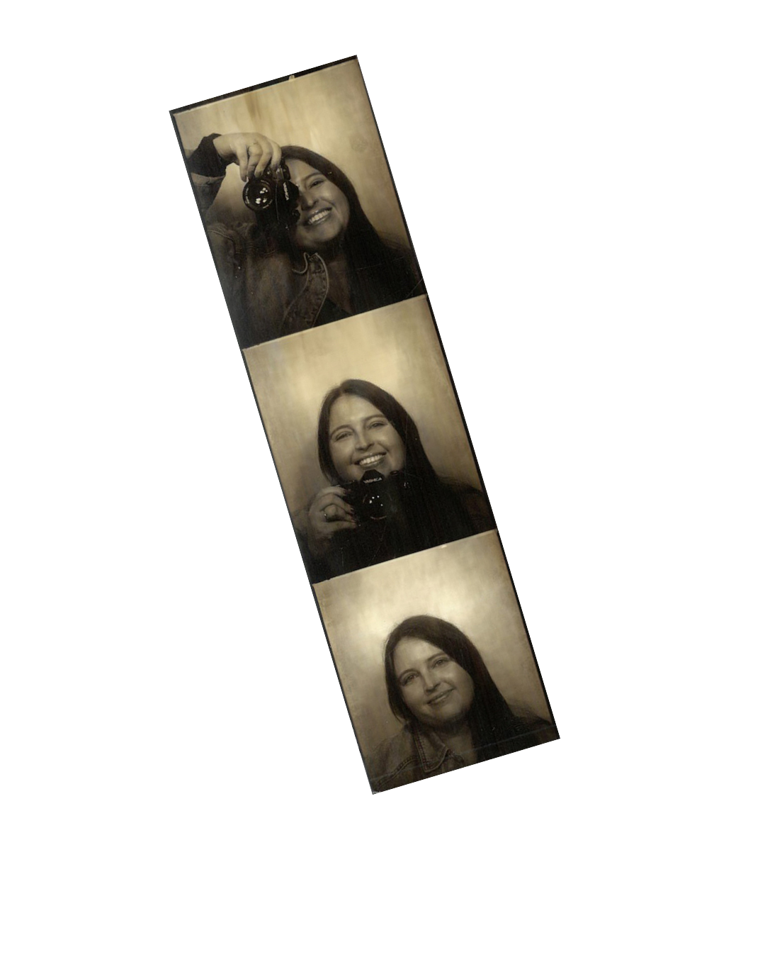 A strip of three sepia-toned photo booth pictures of a smiling woman with long dark hair holding a camera, taken against a plain background.