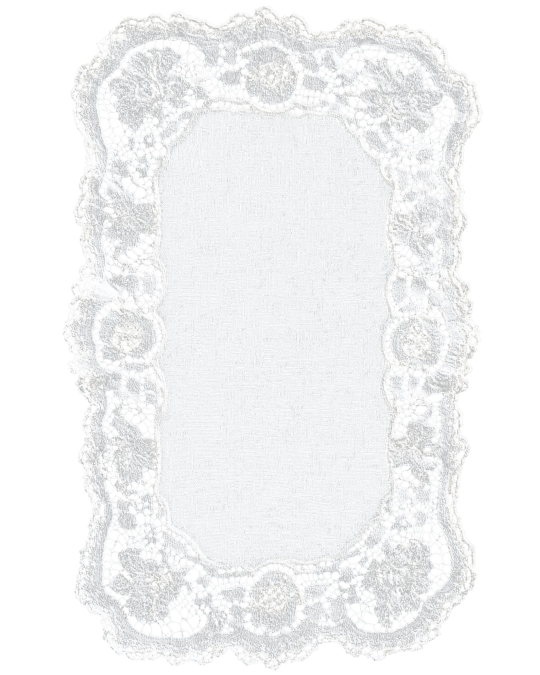 White lace doily with intricate floral patterns and scalloped edges on a black background.
