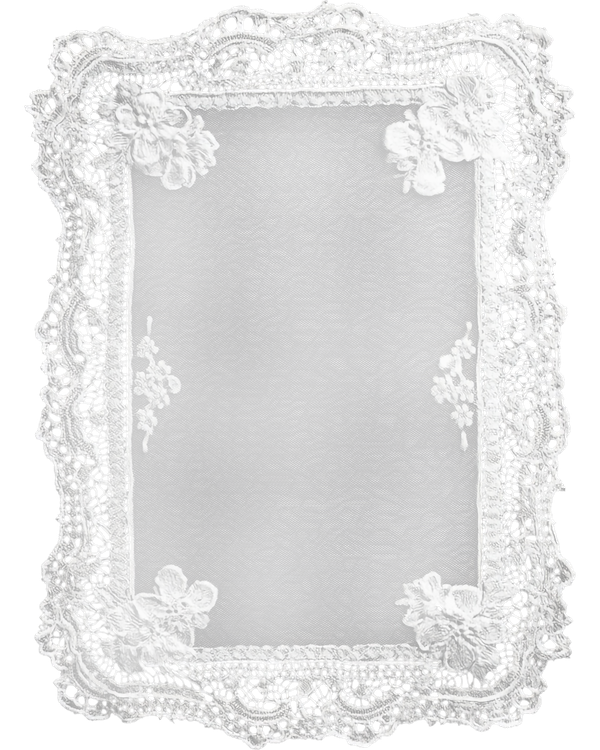 White lace picture frame with floral decorations in each corner and intricate lace patterns along the border.