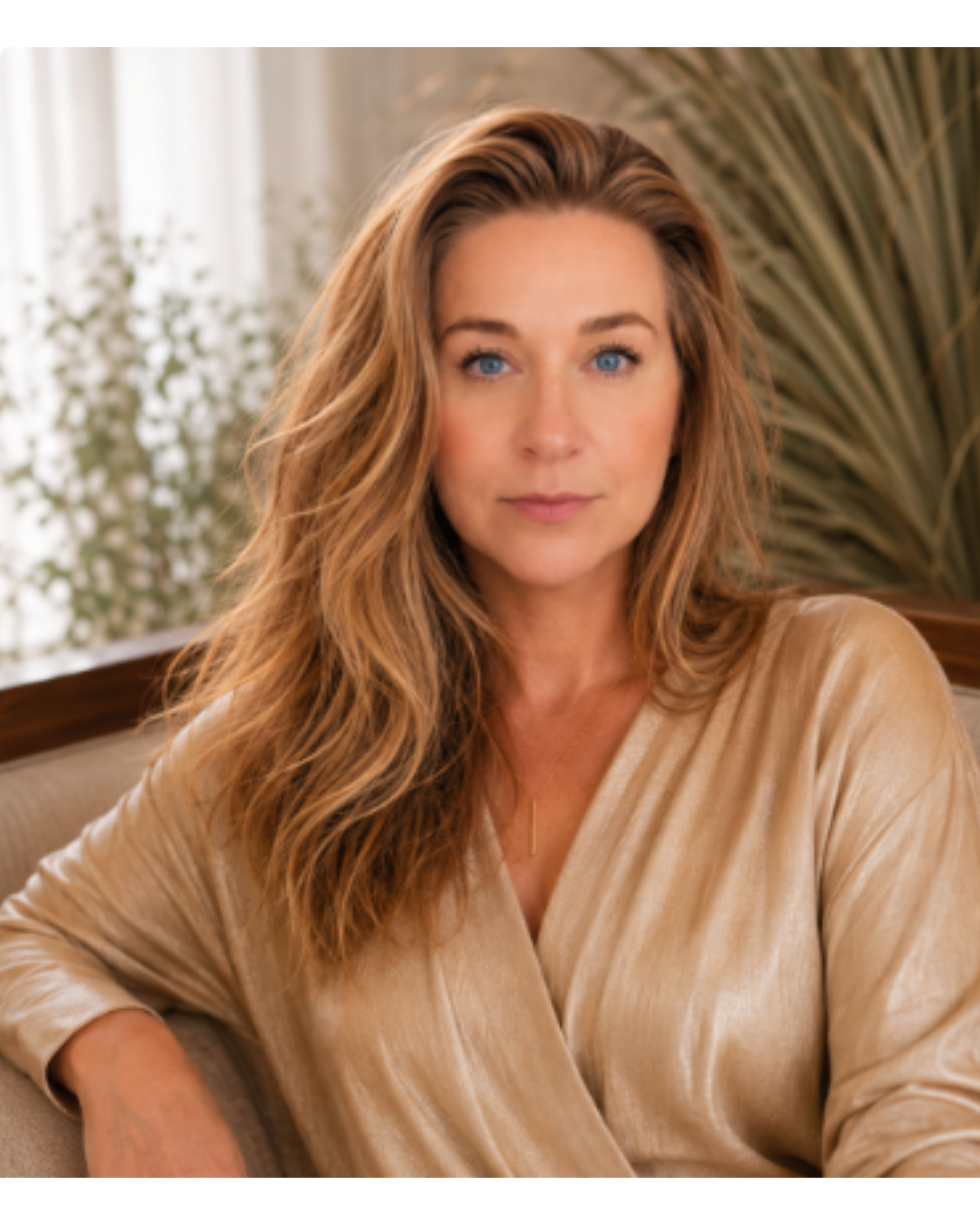 Close-up of a woman with long, wavy blonde hair and blue eyes, wearing a tan, satin-looking blouse, sitting indoors with a blurred background of greenery and white curtains.