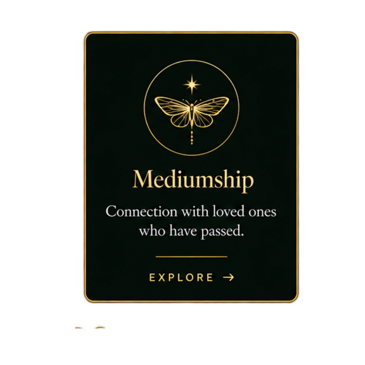 A mystical card titled 'Mediumship' with a golden butterfly illustration and glowing star above, describing connection with loved ones who have passed, with an 'Explore' button.