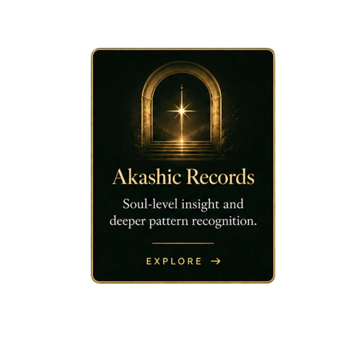 Digital advertisement for Akashic Records, featuring a mystical golden door with a star shining through. Text promotes soul-level insight and pattern recognition, with an 'Explore' button.