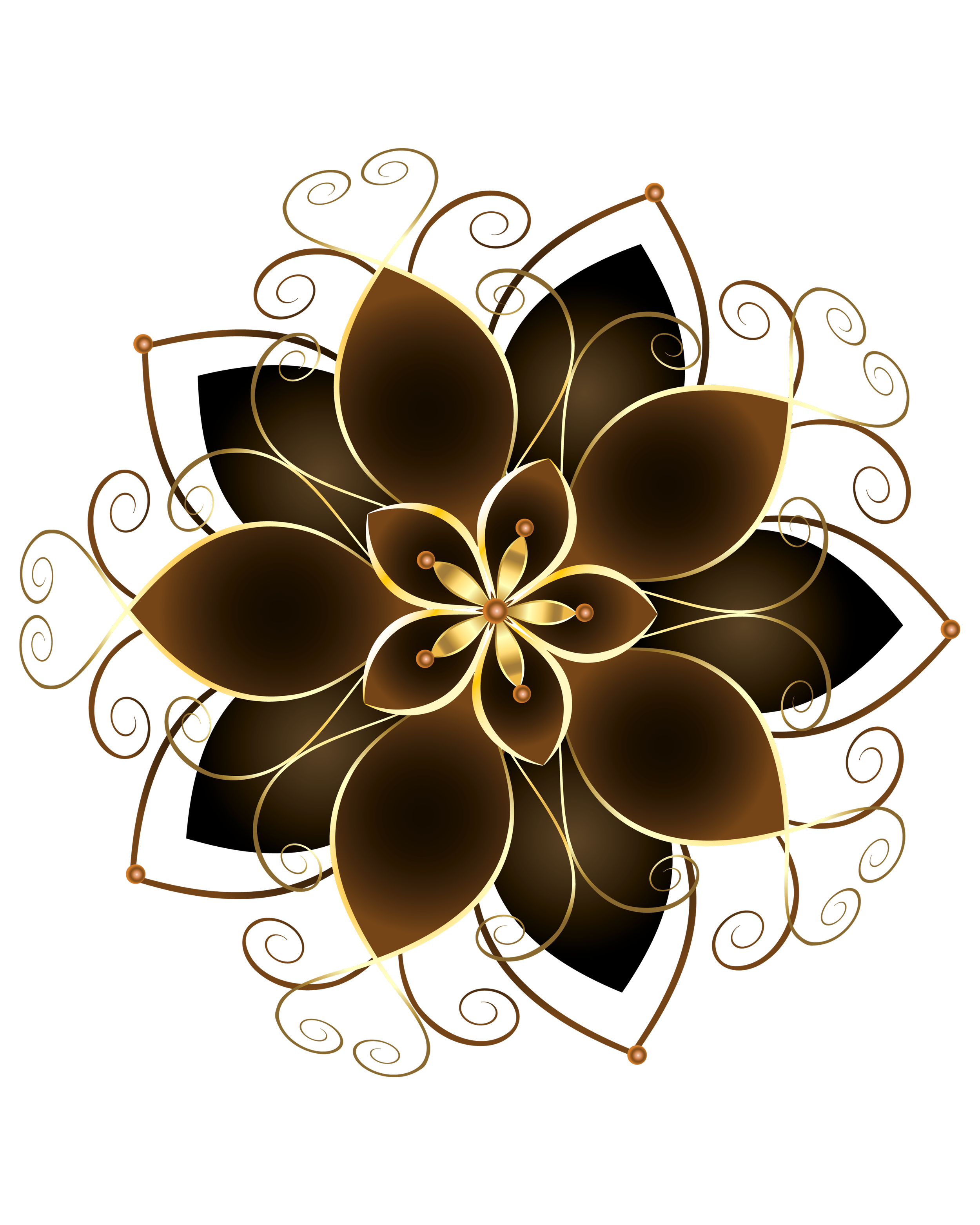 A decorative digital illustration of a floral design with glowing gold and bronze hues, featuring swirling vines and petal-like shapes on a black background.