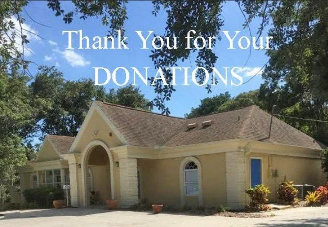 Rising Tide building is with a beige exterior and arched entrance, surrounded by trees. Text overlay says 'Thank You for Your DONATIONS'.