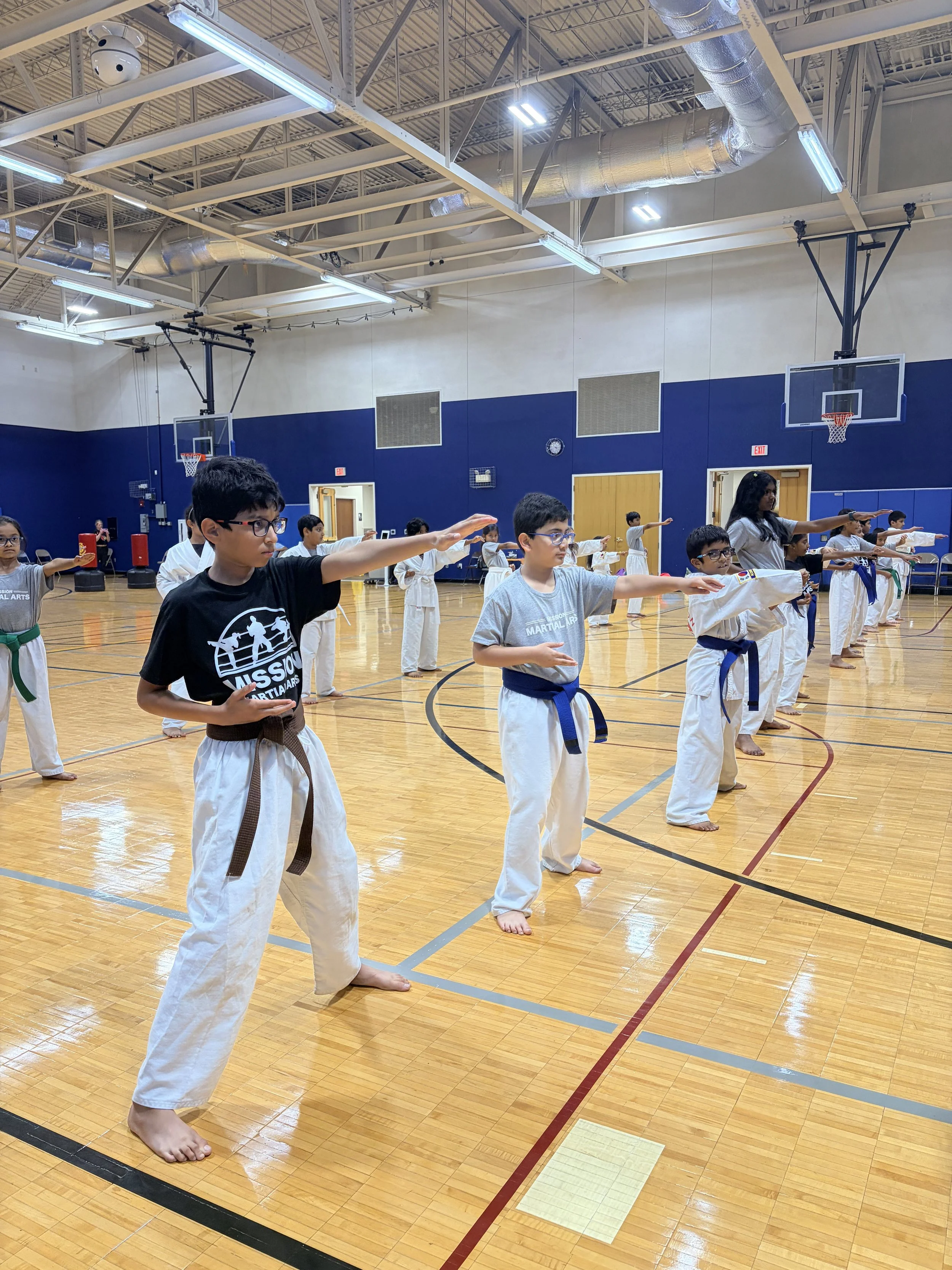 Children practicing martial arts in a gymnasium with a wooden floor, blue padded walls, and basketball hoops. The children are performing a salute stance, with some barefoot and wearing white martial arts uniforms or casual clothes.