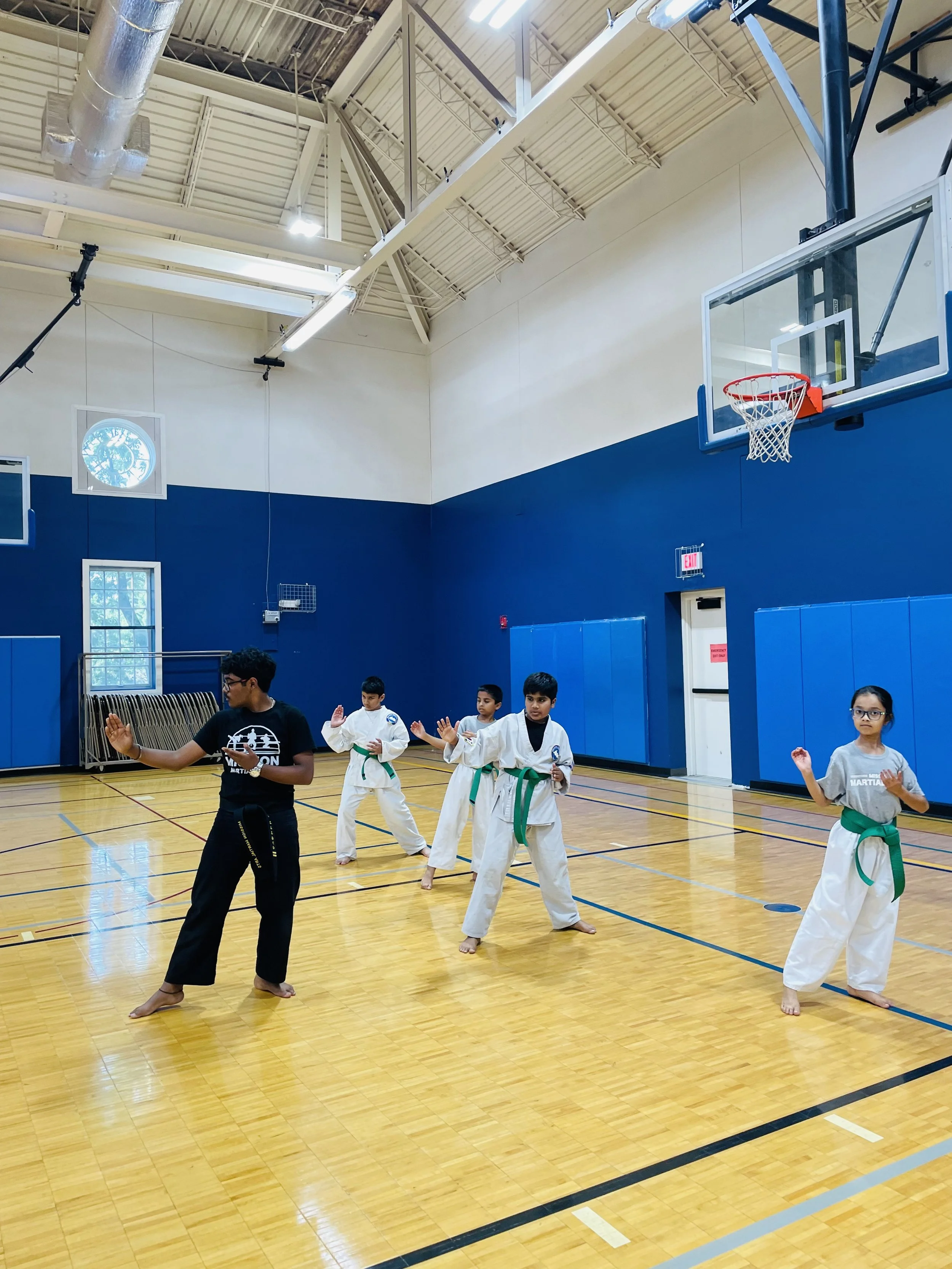 A group of children practicing martial arts in a gymnasium, led by an instructor. The children are in uniforms with belts, standing in a line, performing a martial arts stance or move. The gym has wooden floors, blue walls, and a basketball hoop.