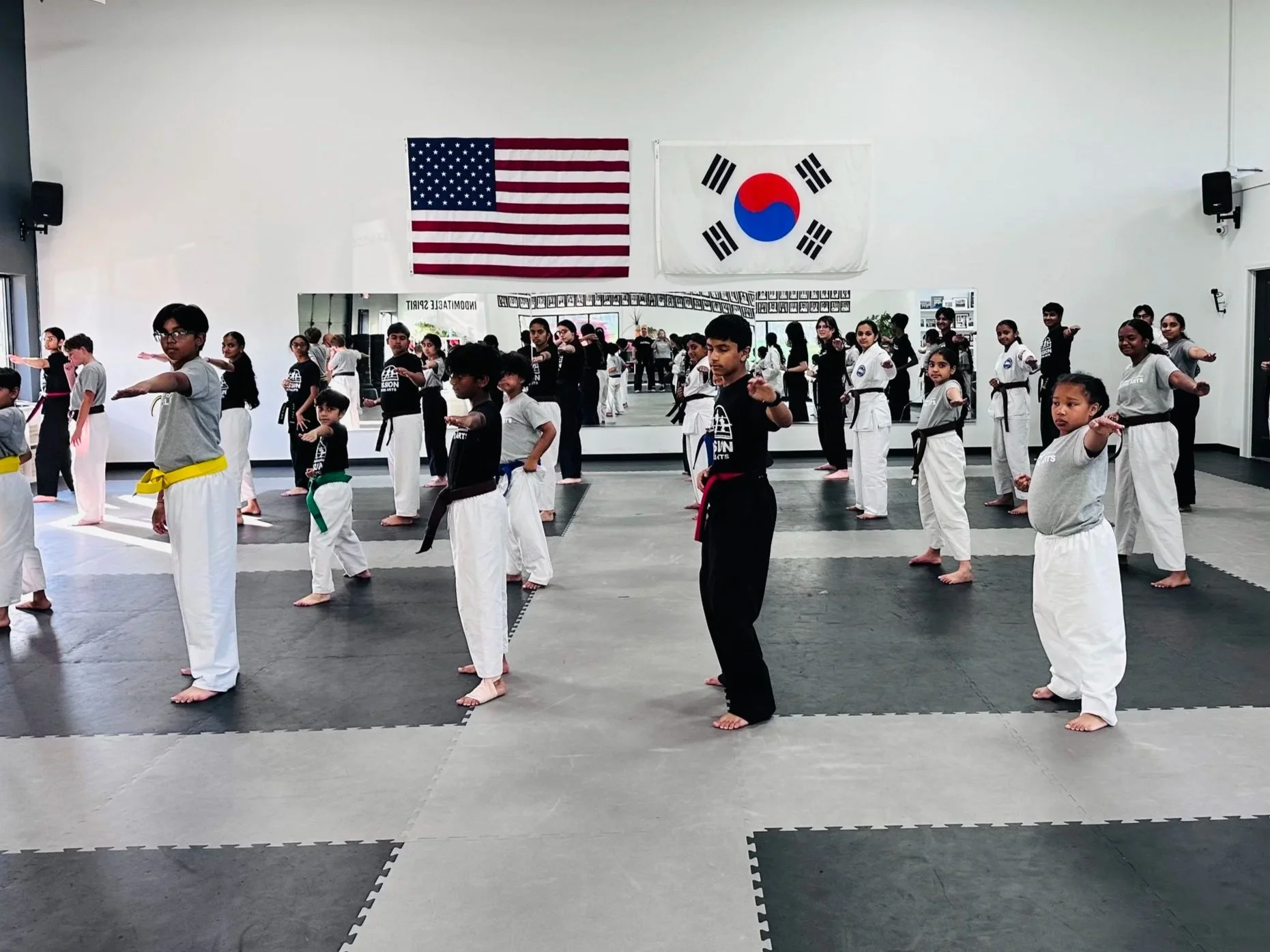 Martial arts students practicing in a dojo, facing a mirror, with American and South Korean flags on the wall.