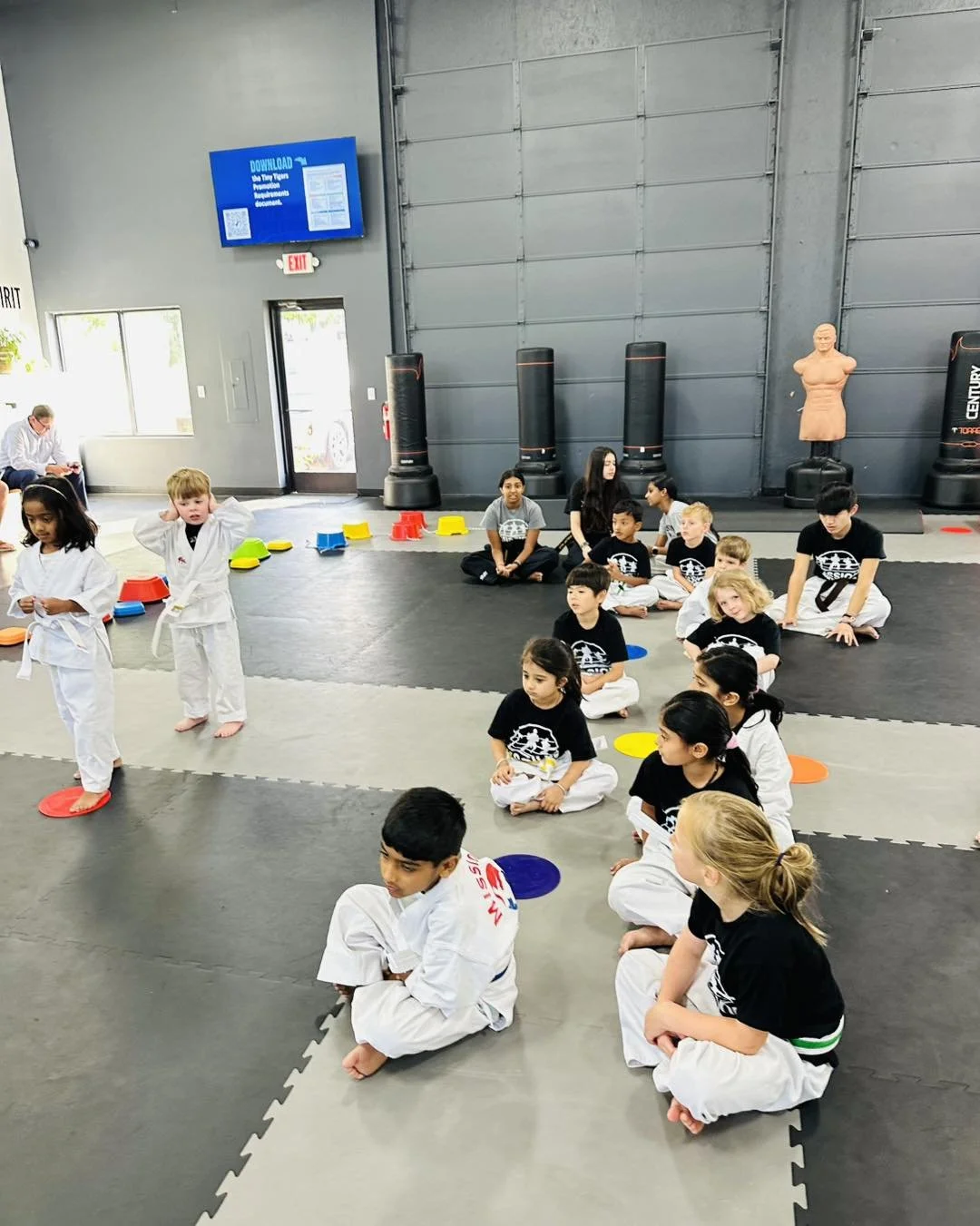 Children practicing martial arts on mats inside a gym, with some sitting and others standing, wearing gis and t-shirts.