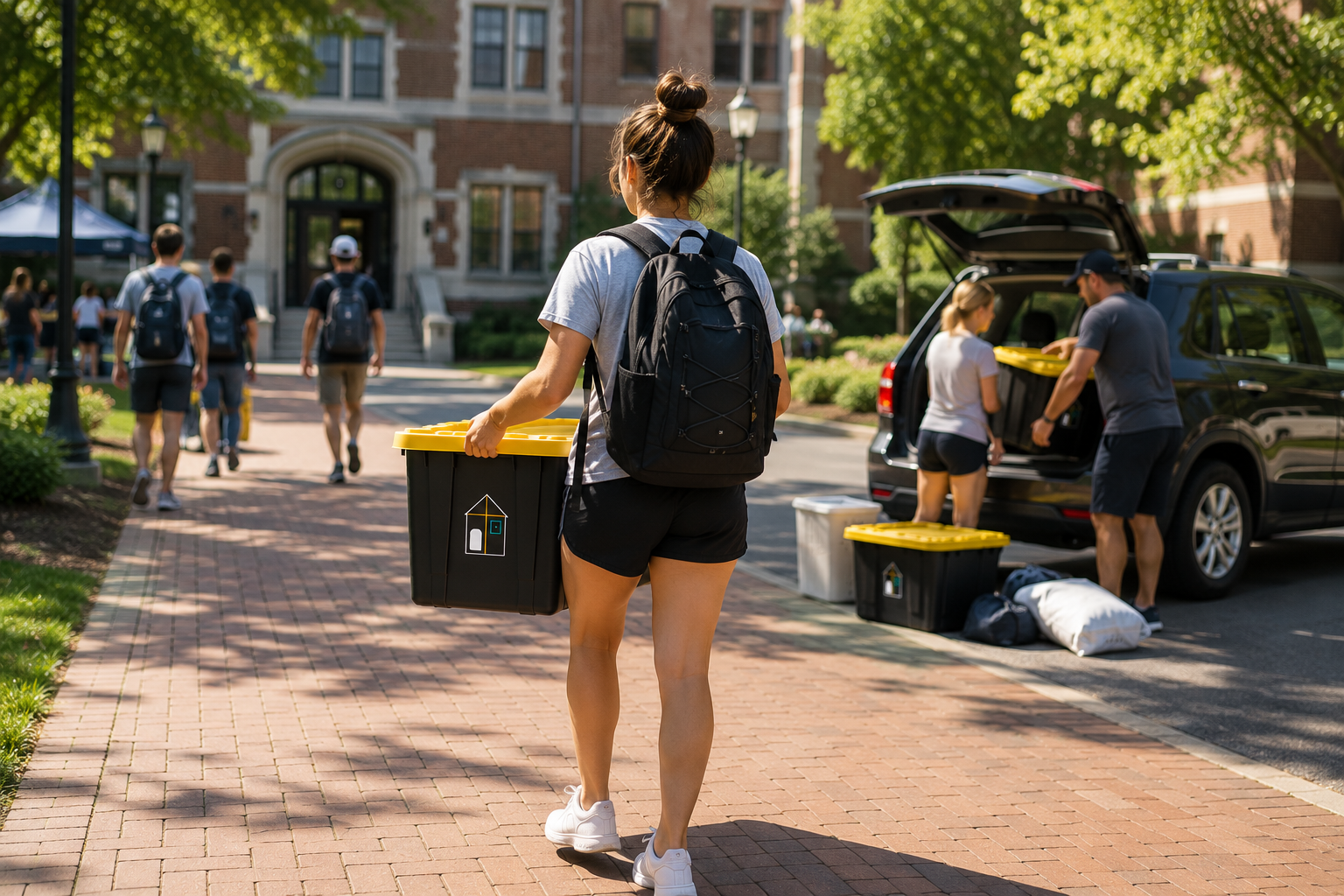 Students unloading trash bins from a black SUV on a college campus with historic brick buildings and trees.