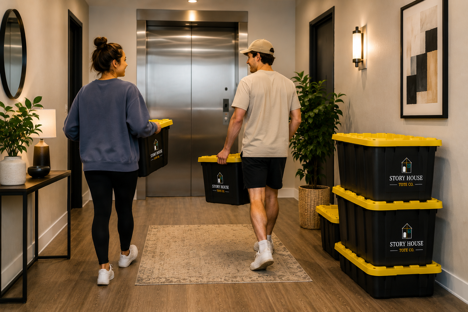 Two people, a woman and a man, walking down a hallway carrying black and yellow storage bins labeled 'Story House Tote Co.' towards an elevator. The hallway has plants, a framed artwork, and lamps on the walls.