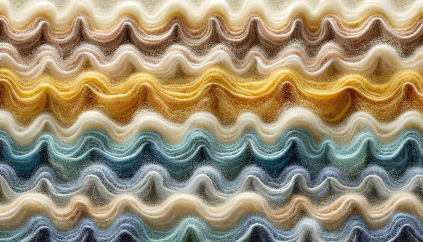 Multiple rows of colorful, wavy, textured yarns in pastel shades including beige, yellow, turquoise, gray, and white.