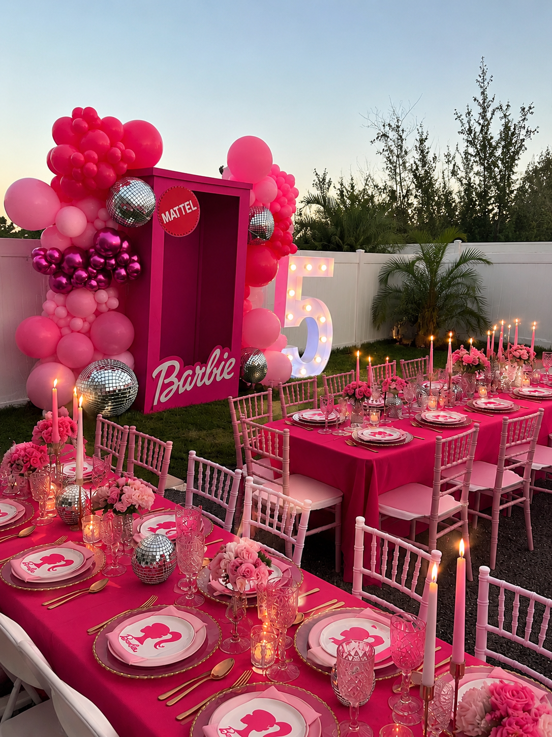 Pink-themed outdoor birthday party setup with tables decorated with pink tablecloths, pink and white plates featuring Barbie silhouettes, pink flowers, candles, and pink chairs. In the background, there is a large illuminated number 5, a pink photo booth with balloons, some with mirror disco balls, and a sign that says 'Mattel' and 'Barbie'.