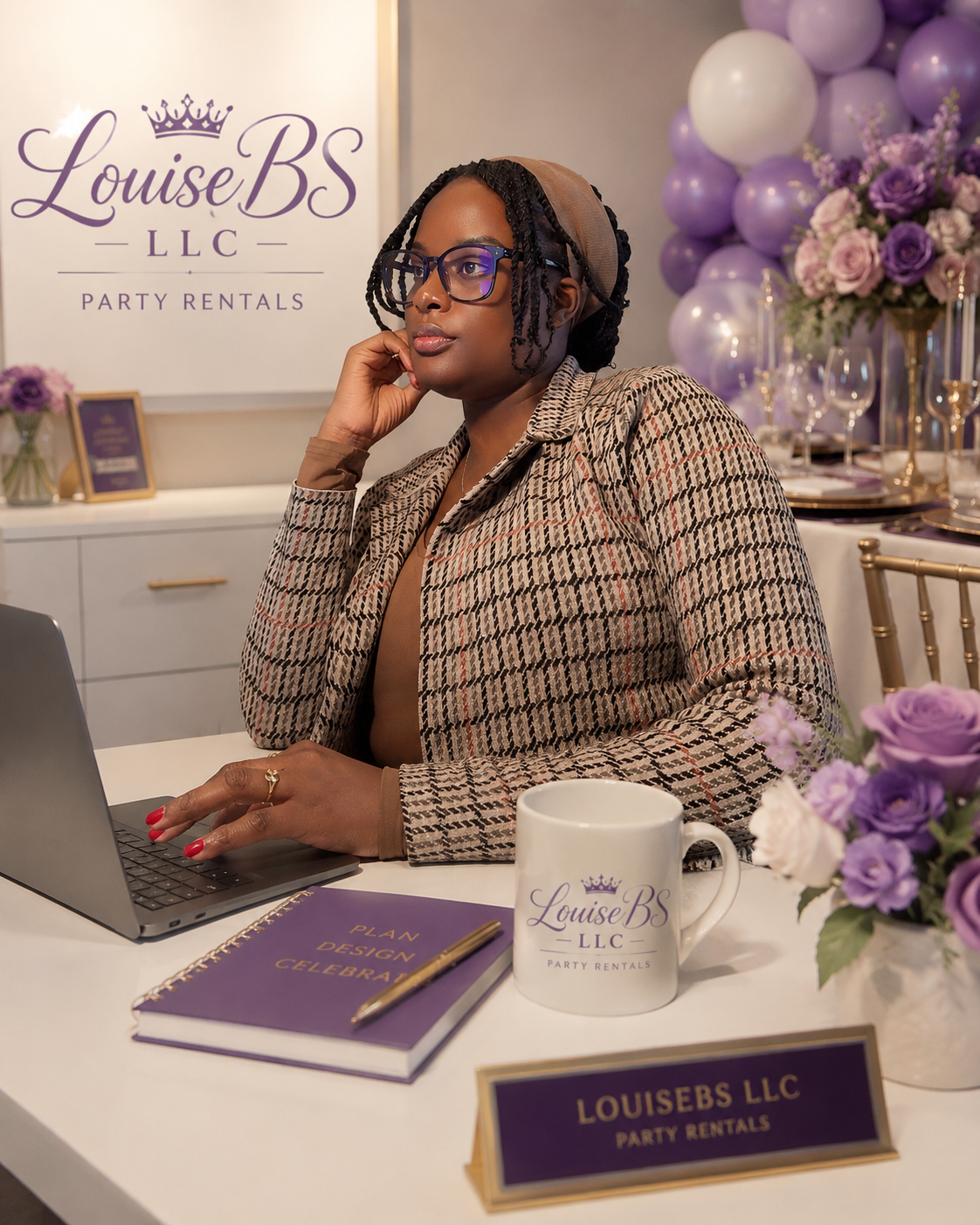 A woman sitting at a table with a laptop, wearing glasses and a patterned blazer, in a decorated event space with purple balloons, flowers, and a sign that reads 'LouiseBS LLC Party Rentals.'
