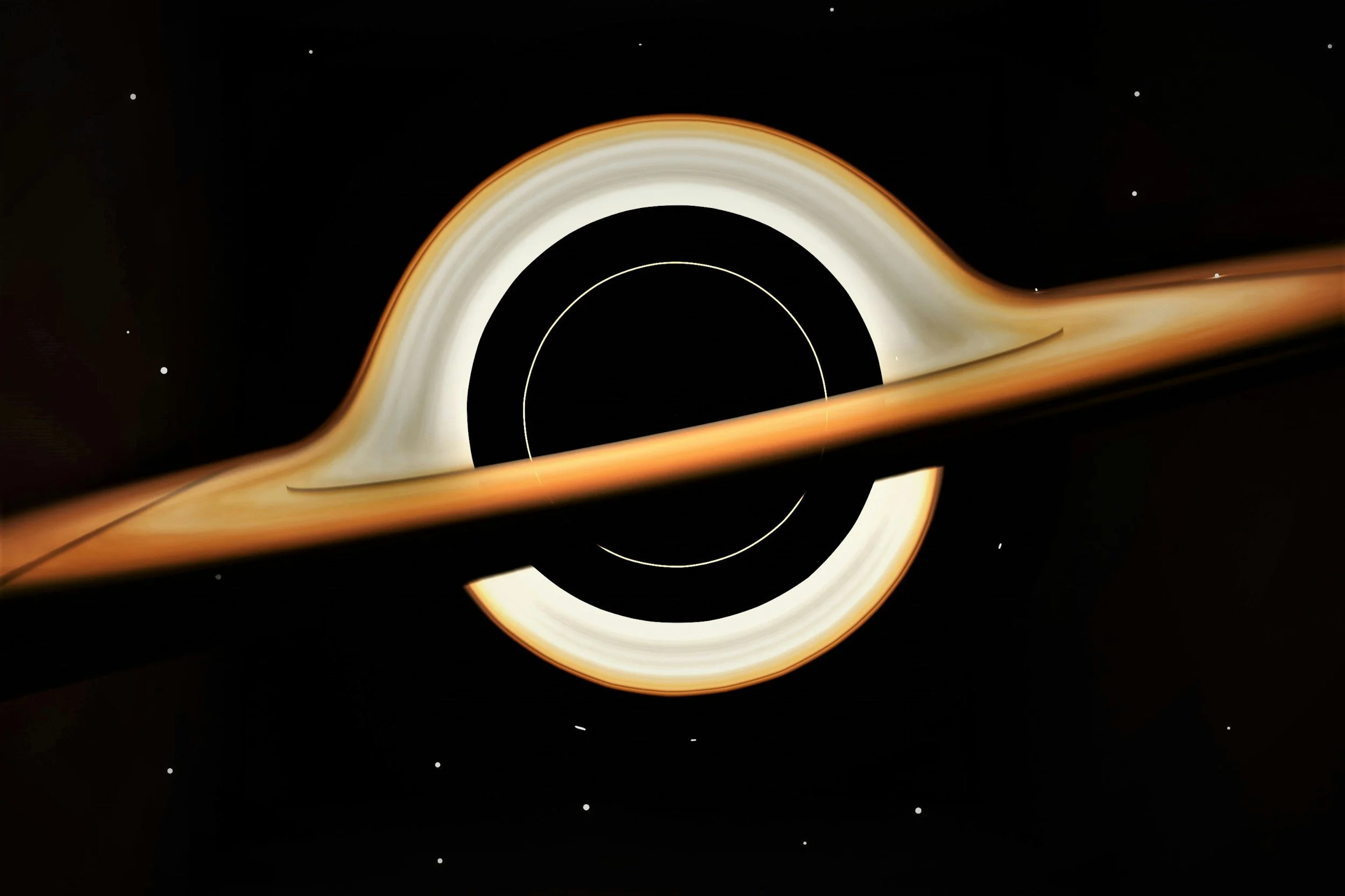 Black hole with glowing accretion disk and stars in space.