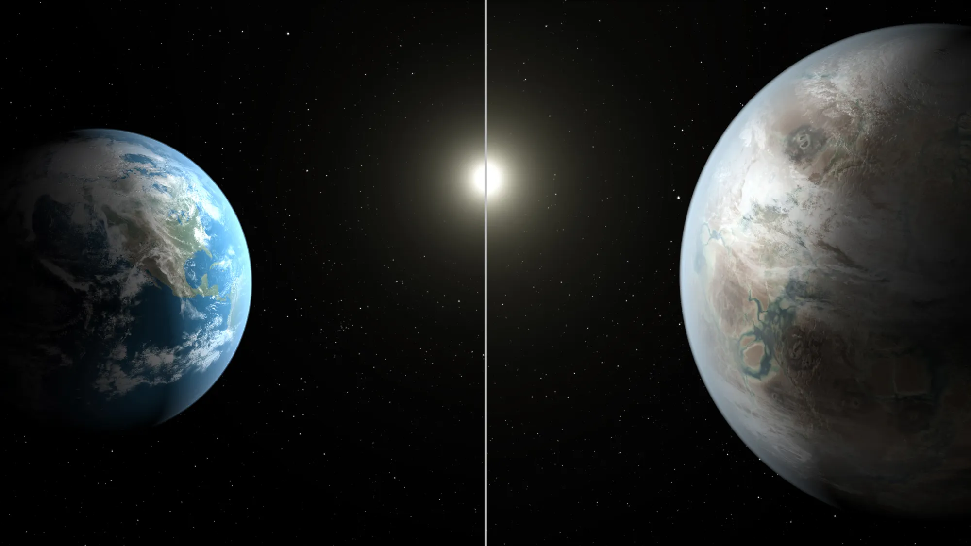 Artist’s concept comparing Earth with Kepler-452b, an exoplanet about 60% larger, shown side by side.