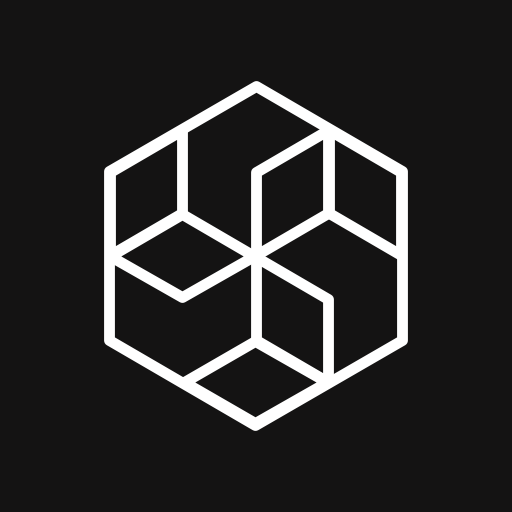 White geometric cube outline on a black background.