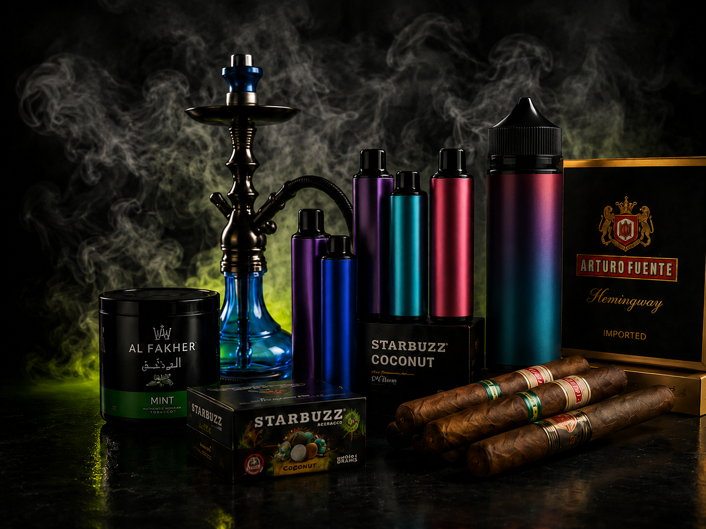 Vapes, cigars and hookah products at Cave Smoke Shop in Durham NC including disposable vapes, vape juice, premium cigars, hookah tobacco and hookah accessories