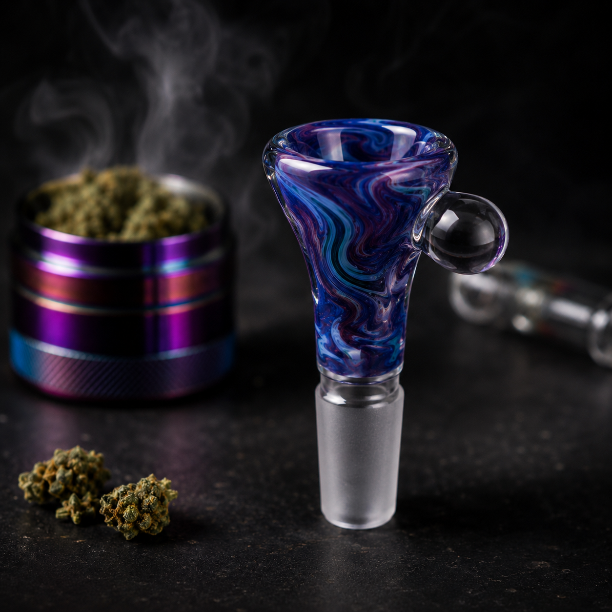 Glass bowl, grinder, torch lighter, butane and smoking accessories at Cave Smoke Shop