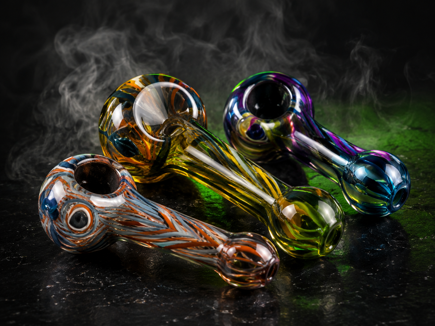 Colorful glass hand pipes in a variety of styles and sizes available at Cave Smoke Shop
