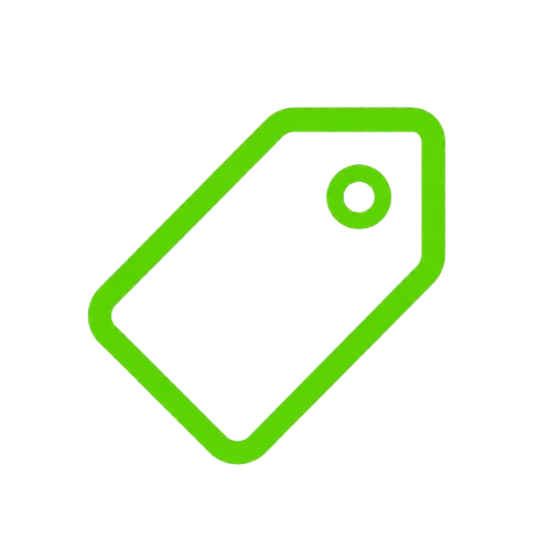 Green outline of a price tag on a black background.