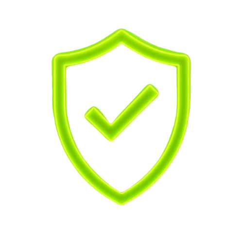 Neon green shield with a checkmark inside it, symbolizing security or protection.