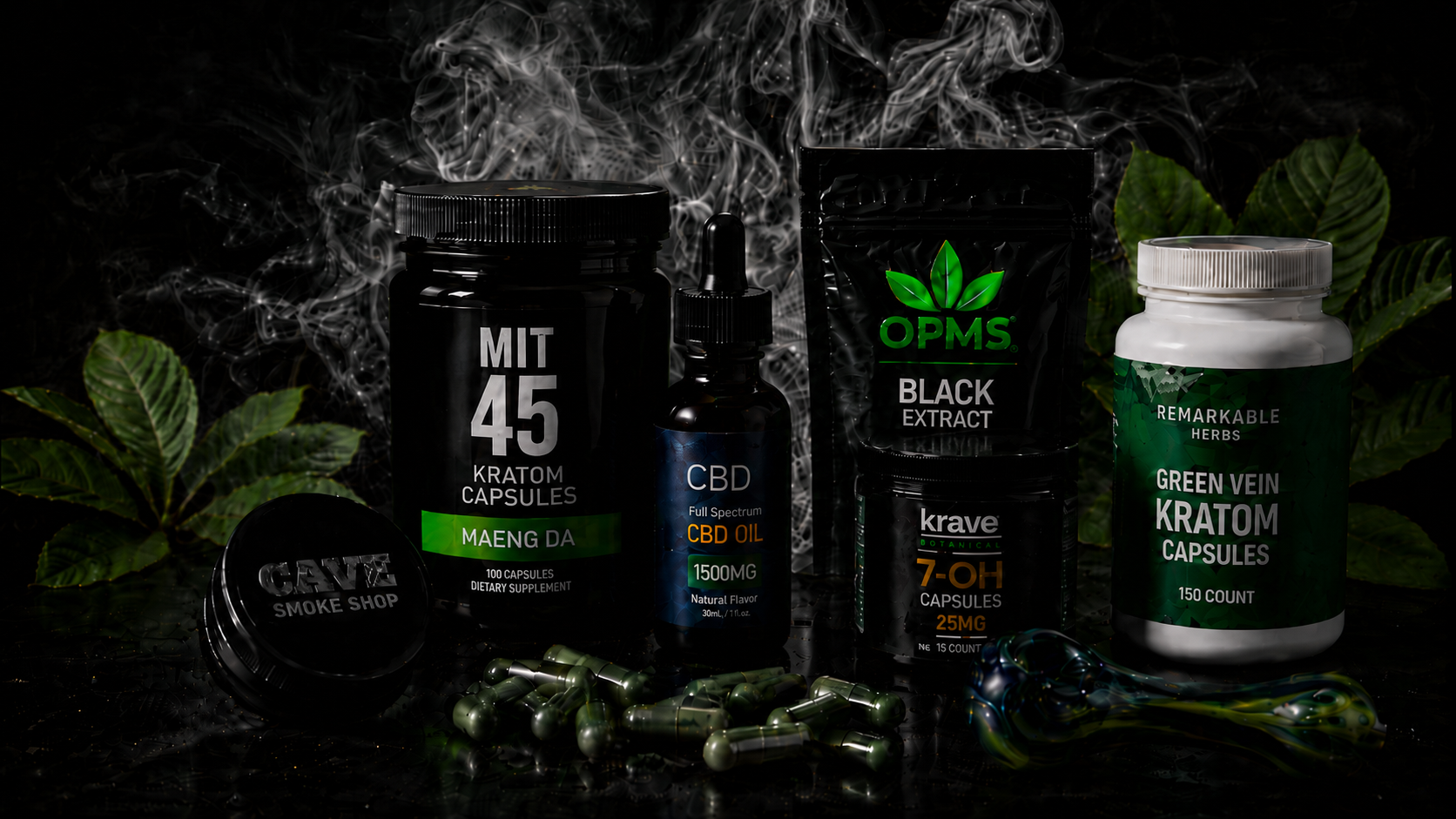 Kratom, CBD, hemp and 7-OH products at Cave Smoke Shop in Durham NC including kratom capsules, CBD oil, extracts and smoking accessories