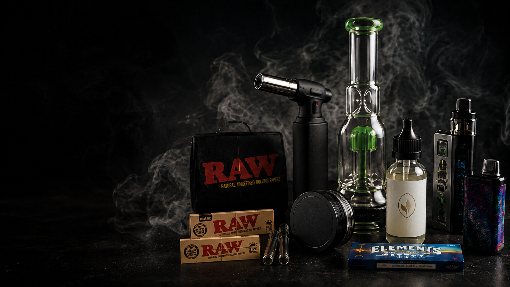 Cave Smoke Shop products in Durham NC including glass water pipe, torch lighter, vape device, CBD oil, rolling papers, grinder and smoking accessories