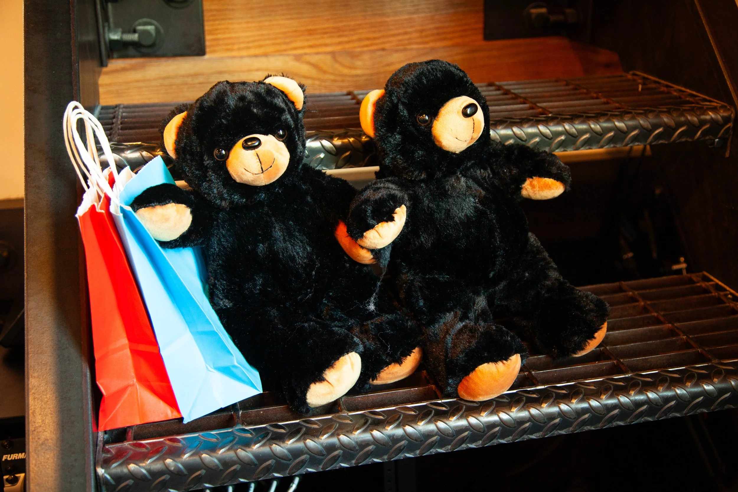 Two black plush teddy bears with beige faces and paws sitting on a metal surface, next to a shopping bag with red, white, and blue colors.