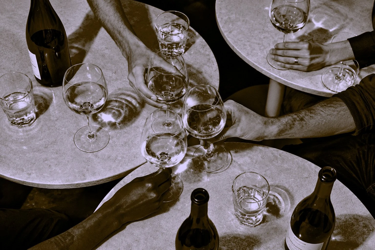 People raising glasses of wine in a toast on a marble table, with bottles of wine and glasses of water around.