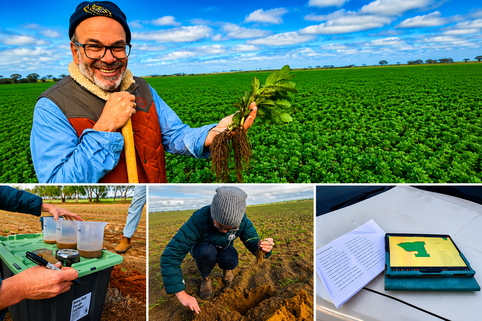 A man smiling in a field of green crops, holding a plant with roots. In the smaller images, people are measuring soil, planting seedlings, and reviewing documents and a tablet on a table.