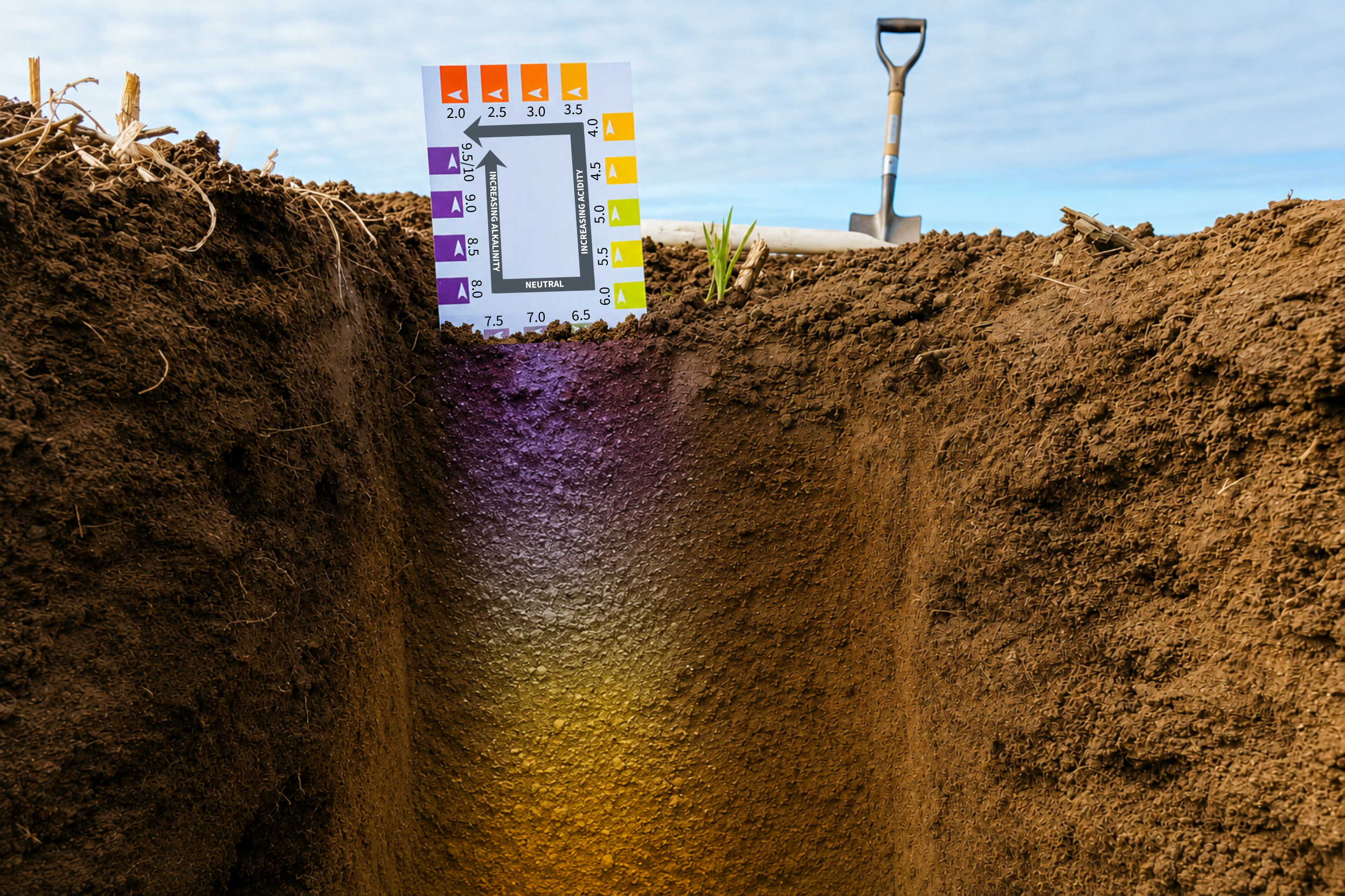 A farming scene showing a cross-section of soil with a shovel in the background, a plant sprouting, and a pH and alkalinity test chart indicating soil conditions.