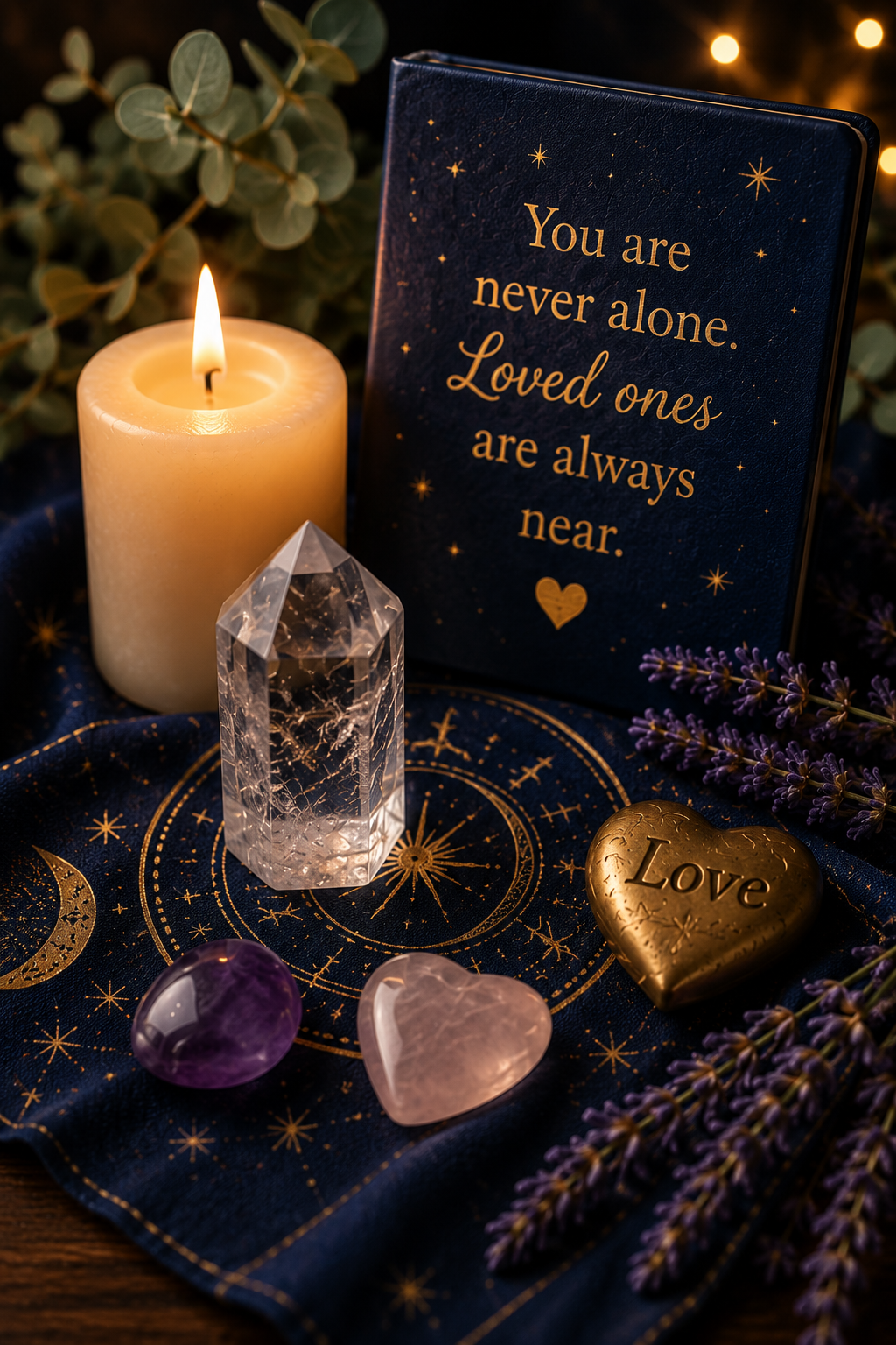 A lit candle, a clear quartz crystal, two heart-shaped stones (one purple and one pink), a gold heart with the word 'Love', a blue book with gold lettering that says "You are never alone. Loved ones are always near," and sprigs of purple lavender on a dark cloth with golden celestial patterns, in a cozy, spiritual setting.