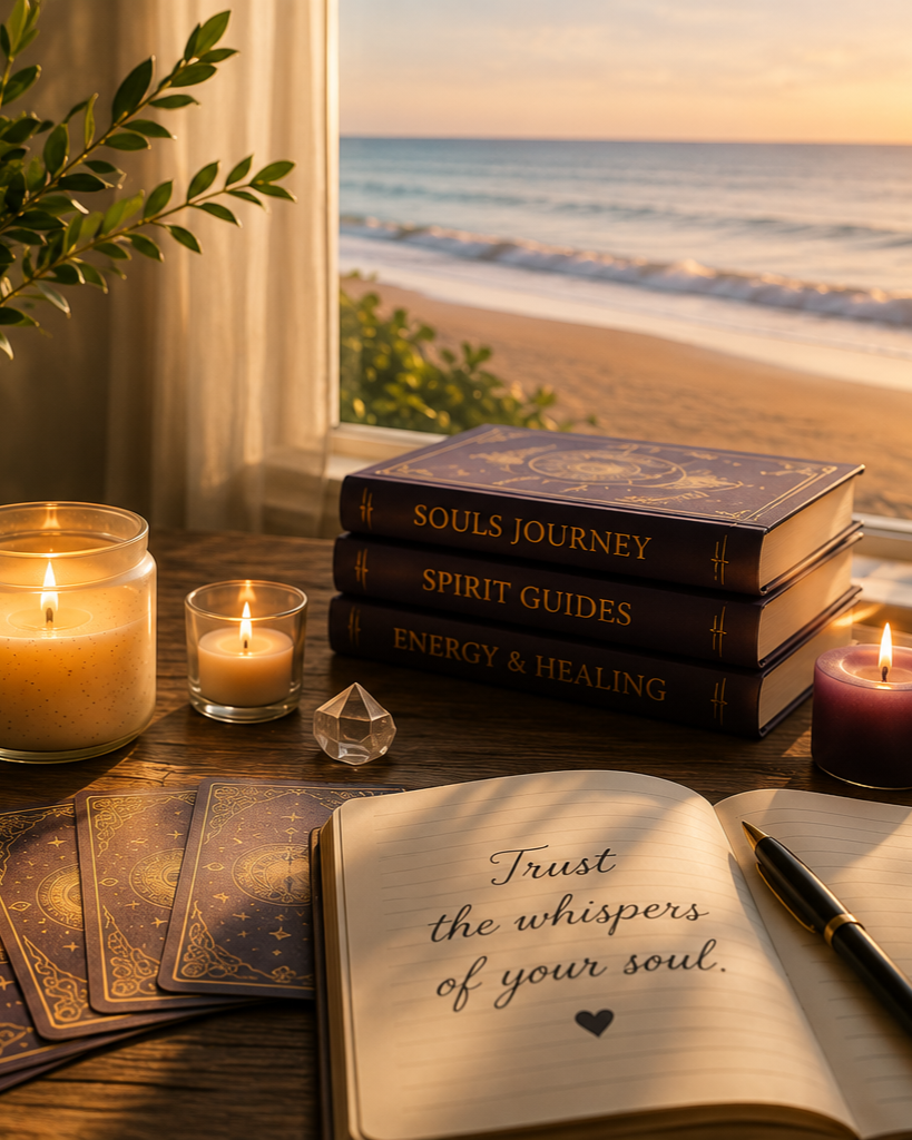 A cozy scene with lit candles, tarot cards, and an open journal with a pen, set on a wooden table near a window overlooking the beach during sunset.