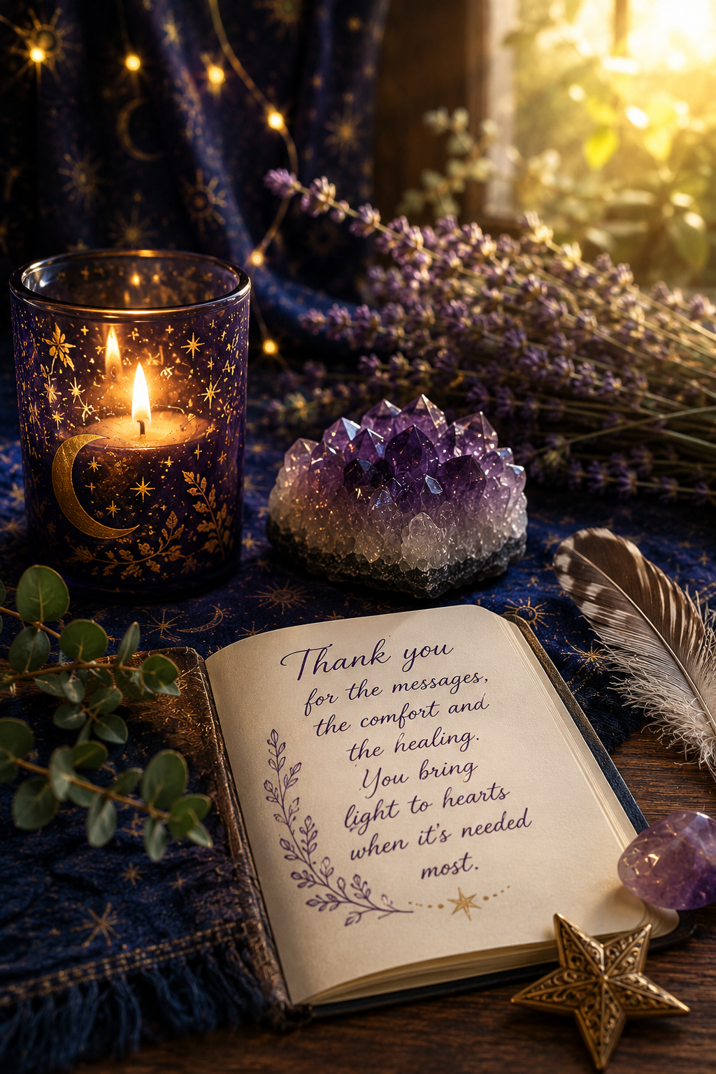 A lit candle in a dark blue holder with gold celestial designs, a bouquet of lavender, a crystal, a feather, a thank you note with handwritten message, and decorative items like a gold star, an amethyst, and an ornamental orb, all on a star-patterned cloth with warm sunlight filtering through a nearby window.