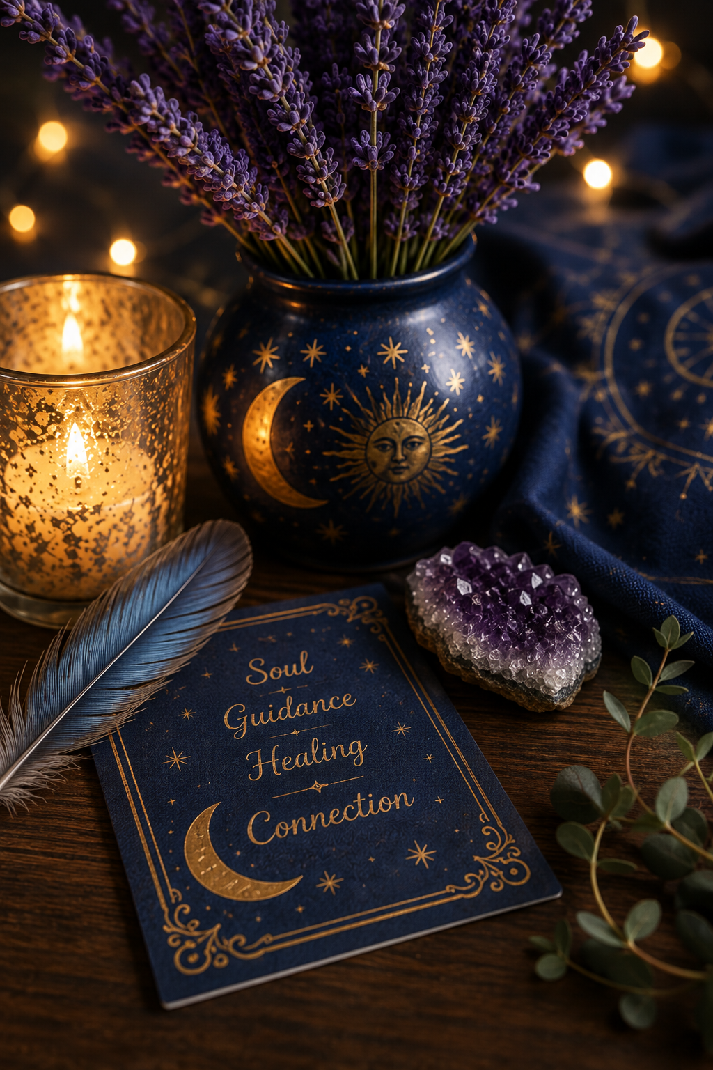 A mystical setup with a dark blue vase decorated with celestial designs holding lavender flowers, a lit candle in a speckled gold holder, a purple and white geode, green leaves, a dark blue cloth with gold celestial patterns, and a card titled 'Soul Guidance Healing Connection' featuring moon and star illustrations.
