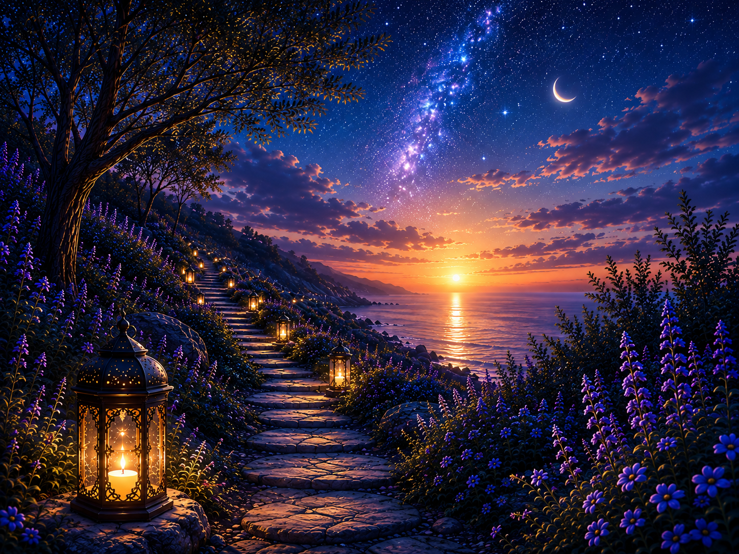 A scenic digital painting of a sunset over the ocean with a starry sky, a crescent moon, and the Milky Way galaxy. A stone pathway lined with lanterns winds up a hillside covered in purple flowers and trees, leading to a peaceful, glowing sunset horizon.